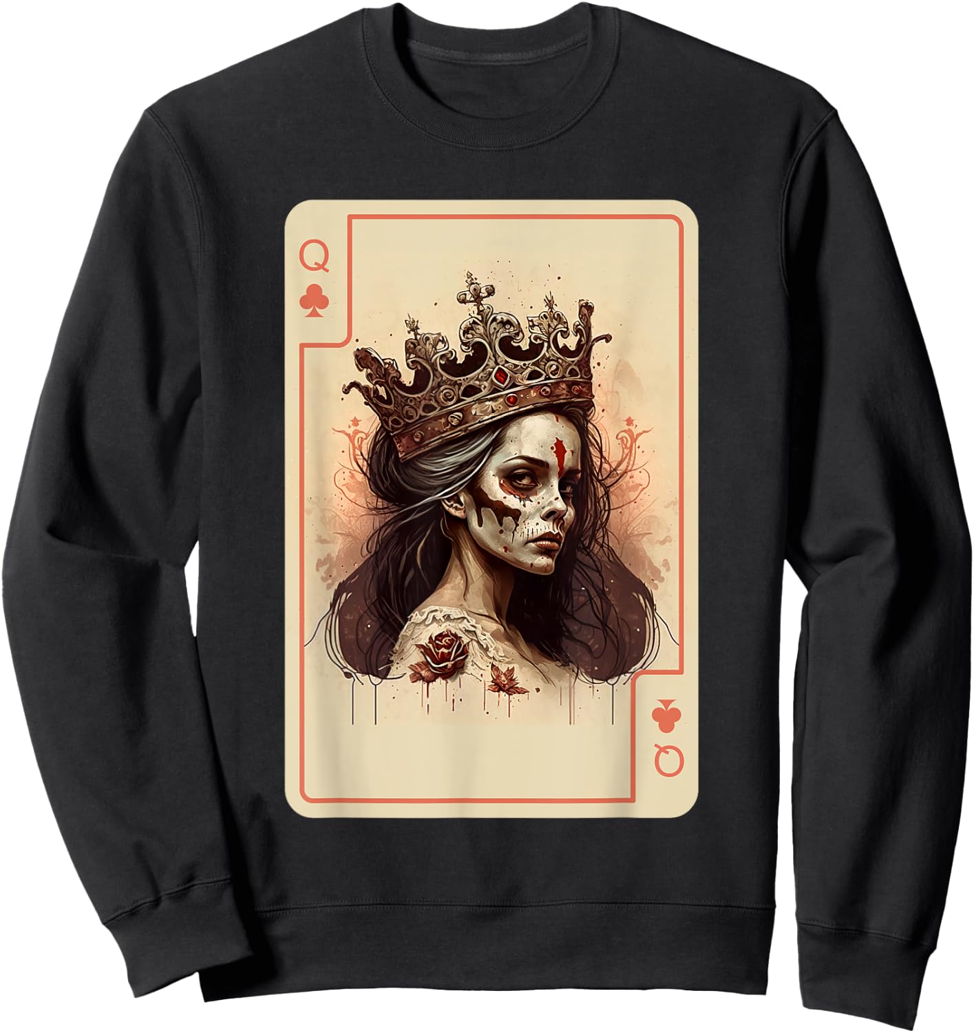 Gothic Halloween Card Game Creepy Poker Cards Queen of Clubs Sweatshirt - Sweatshirt | Black