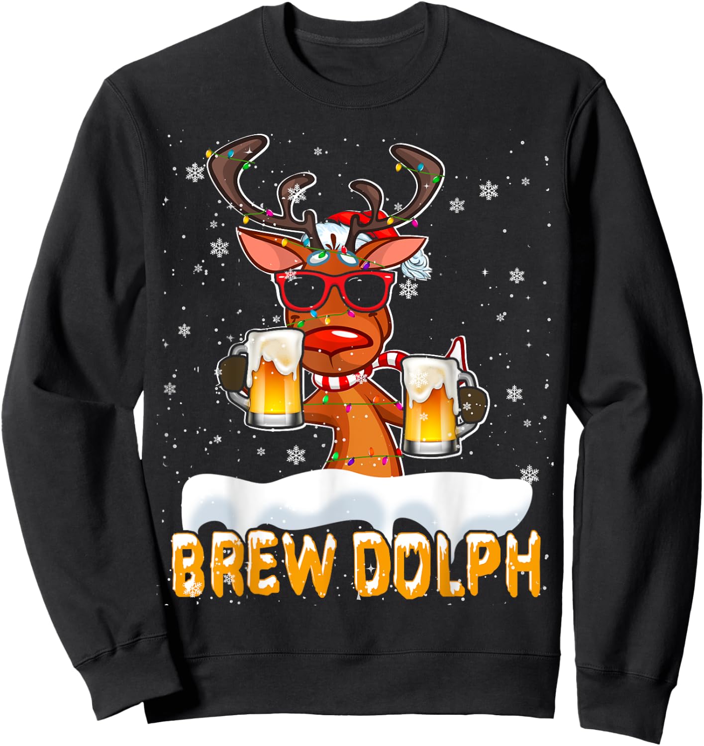 Brew Dolph Christmas Lights Santa Reindeer Beer Drinking Sweatshirt - Sweatshirt | Black
