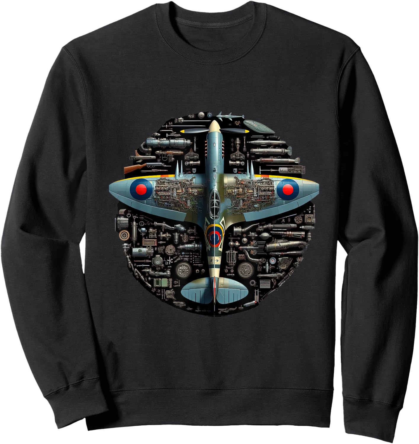 WW2 Warplane Spitfire Anatomy Assembly Parts Blueprint Sweatshirt - Sweatshirt | Black