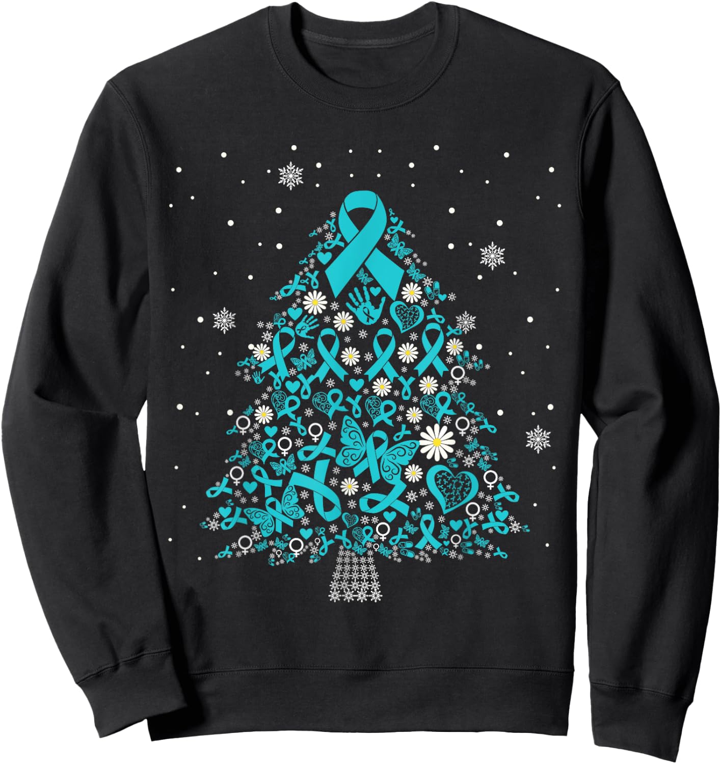 ovarian cancer awareness Christmas tree teal ribbon Sweatshirt - Sweatshirt | Black