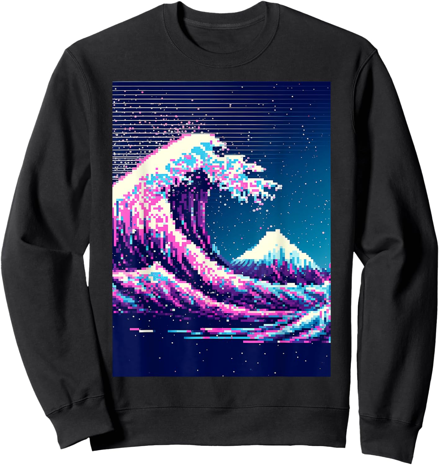 Vaporwave Glitch Aesthetic Great Wave off Kanagawa Retro Sweatshirt - Sweatshirt | Black