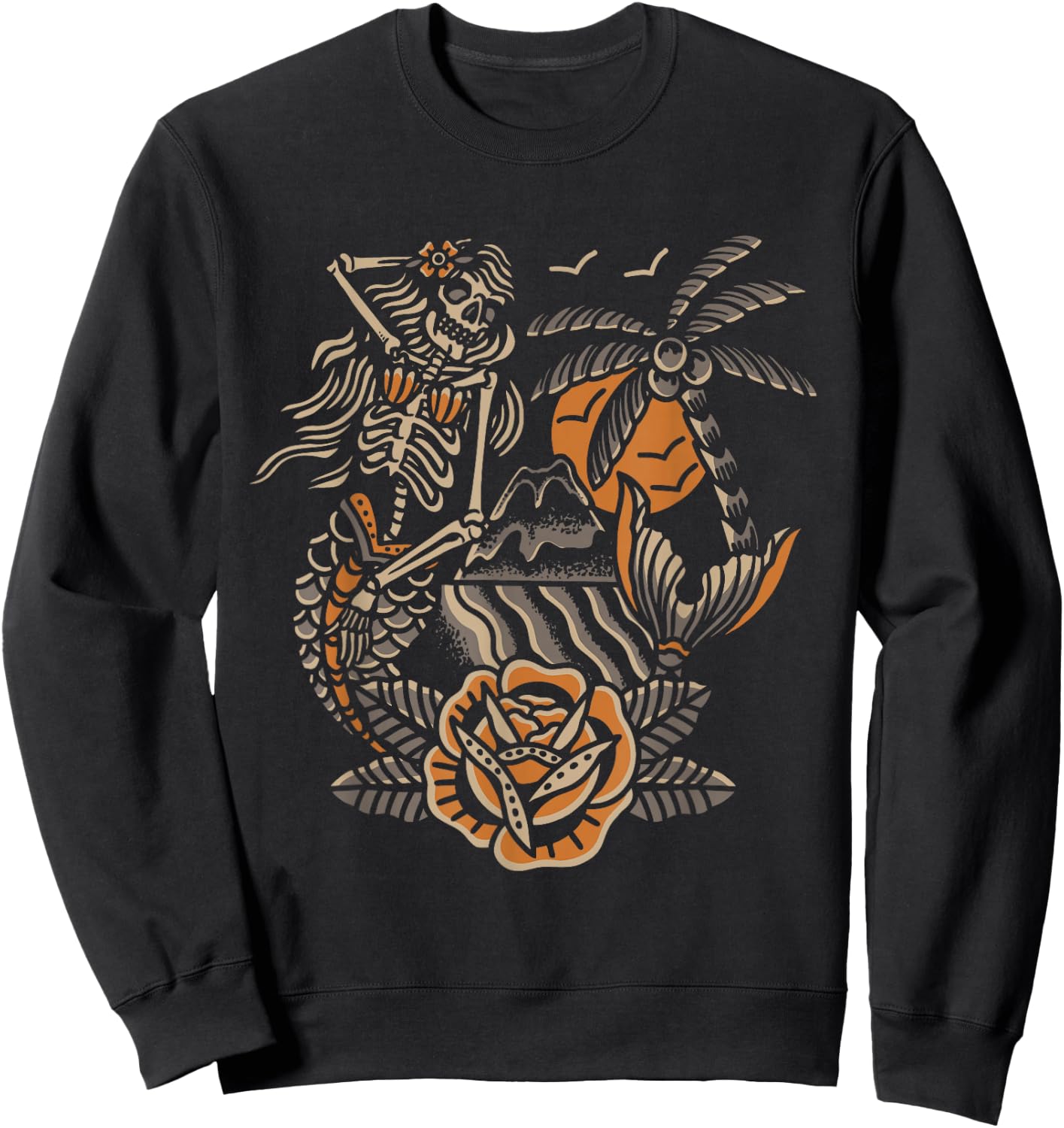 Mermaid Skeleton Traditional Tattoo Old School Tattoo Flash Sweatshirt - Sweatshirt | Black