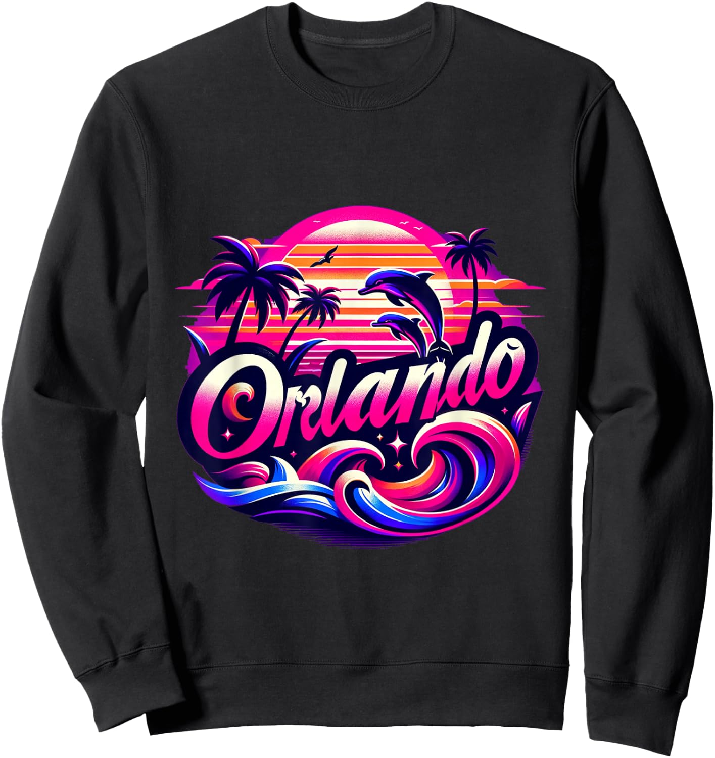 Orlando Beach, Florida with dolphins and palm trees. Sweatshirt - Sweatshirt | Black