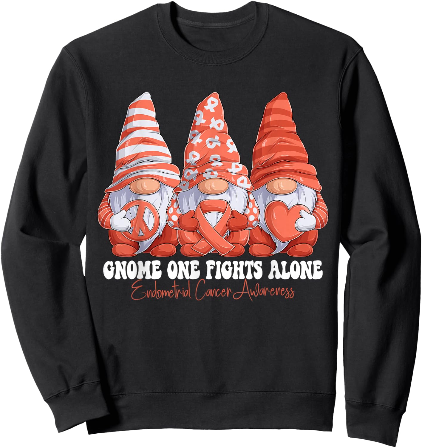 Endometrial Cancer Awareness Month Peach Ribbon Gnomies Sweatshirt - Sweatshirt | Black