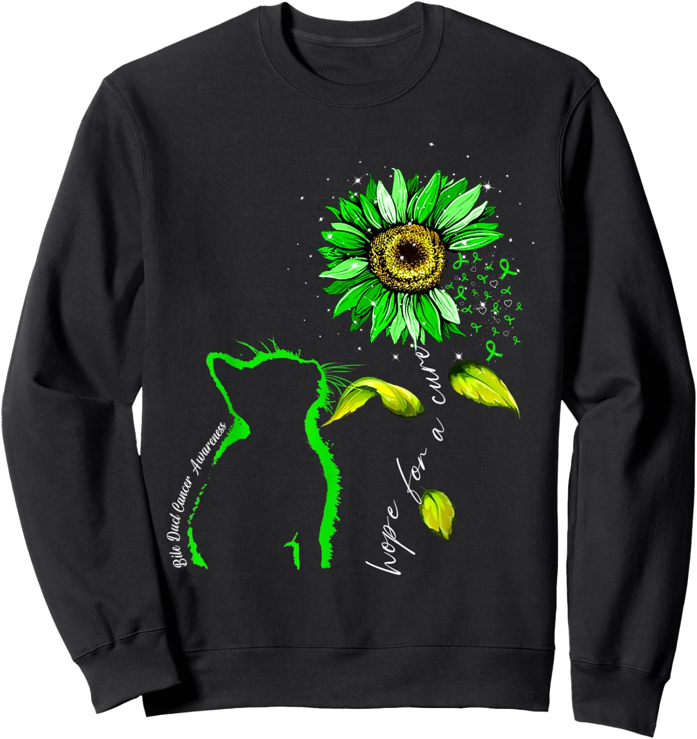 Sunflower Cat Green Bile Duct Cancer Awareness Sweatshirt - Sweatshirt | Black