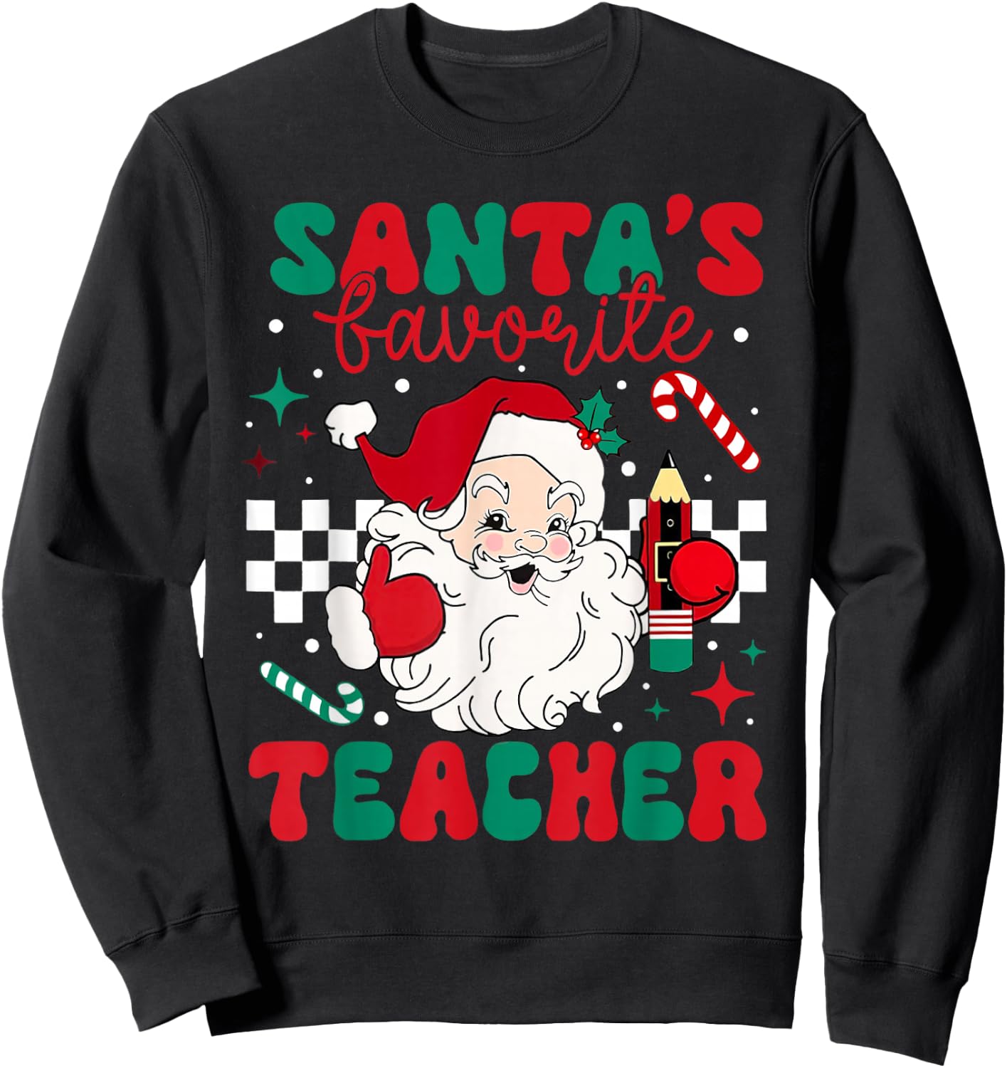 Santa's Favorite Teacher Christmas Retro Xmas Santa Claus PJ Sweatshirt - Sweatshirt | Black