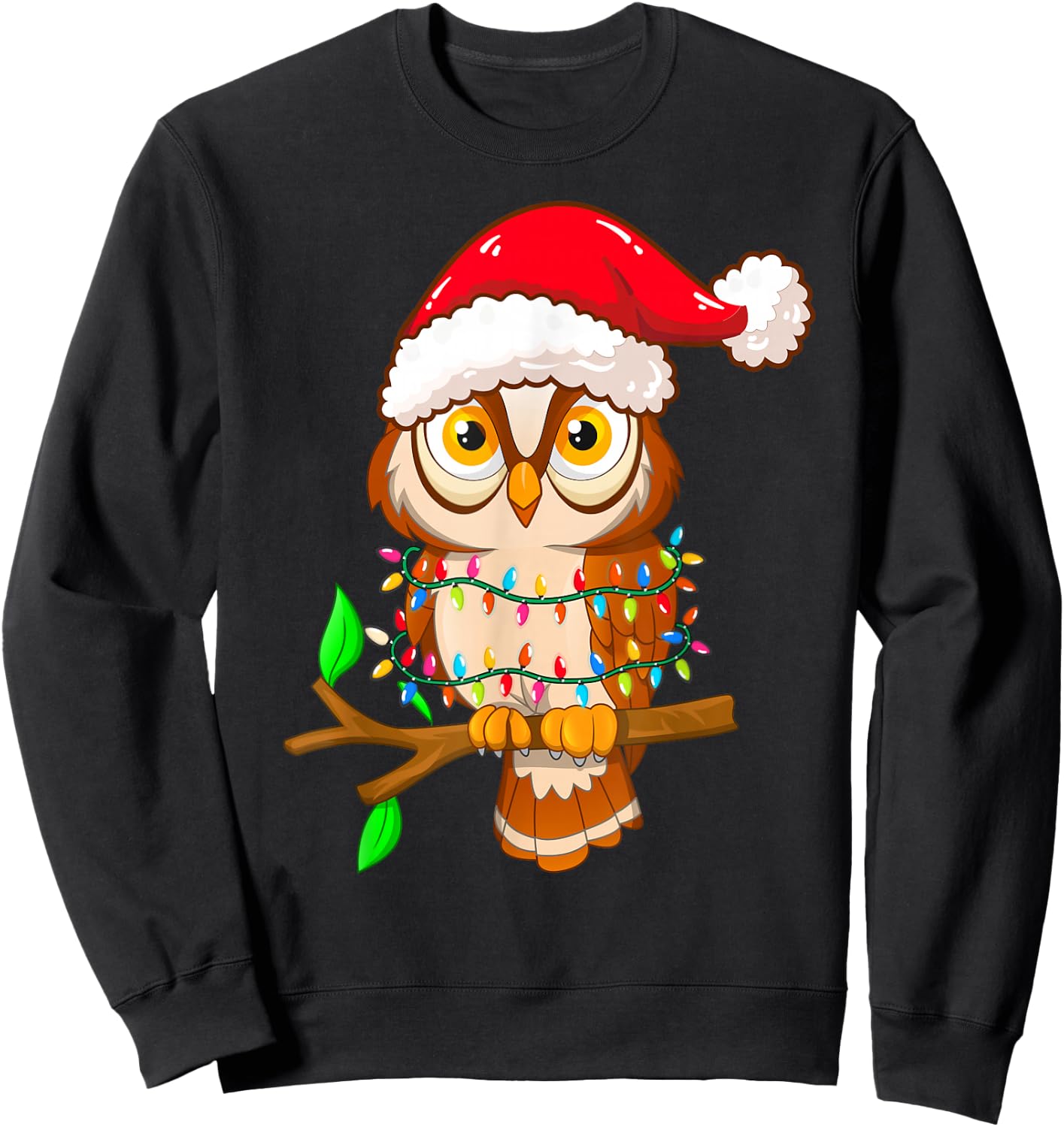 Christmas Lights Owl Wearing Xmas Hat - Cute Owl Lover Kids Sweatshirt - Sweatshirt | Black