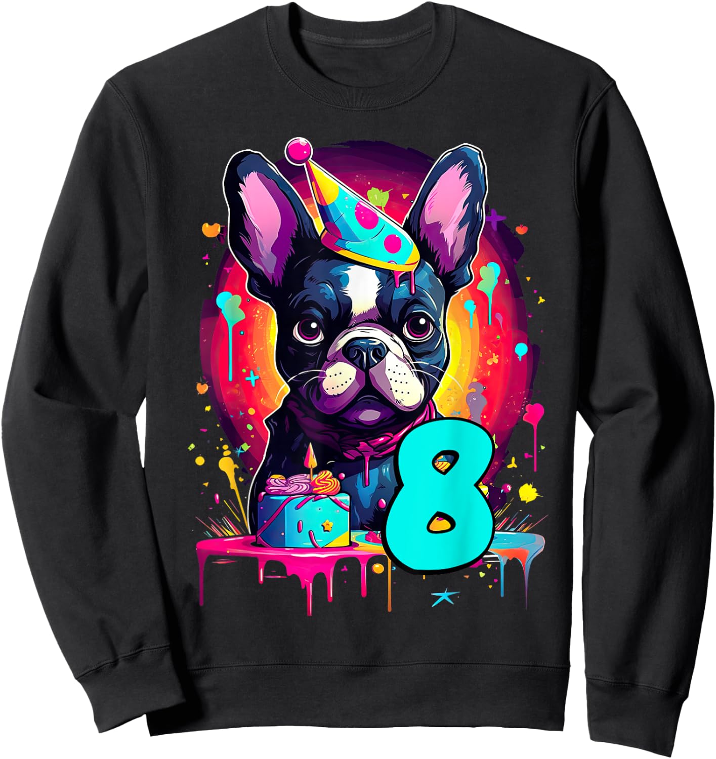 French Bulldog Dog 8th Birthday Themed Party 8 Years Old Sweatshirt - Sweatshirt | Black