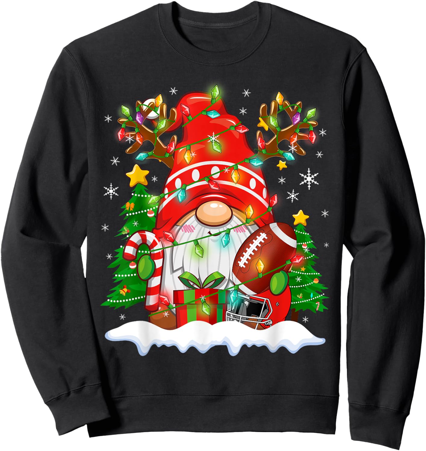 Funny Reindeer Gnome & Football Ball Christmas Lights Xmas Sweatshirt - Sweatshirt | Black