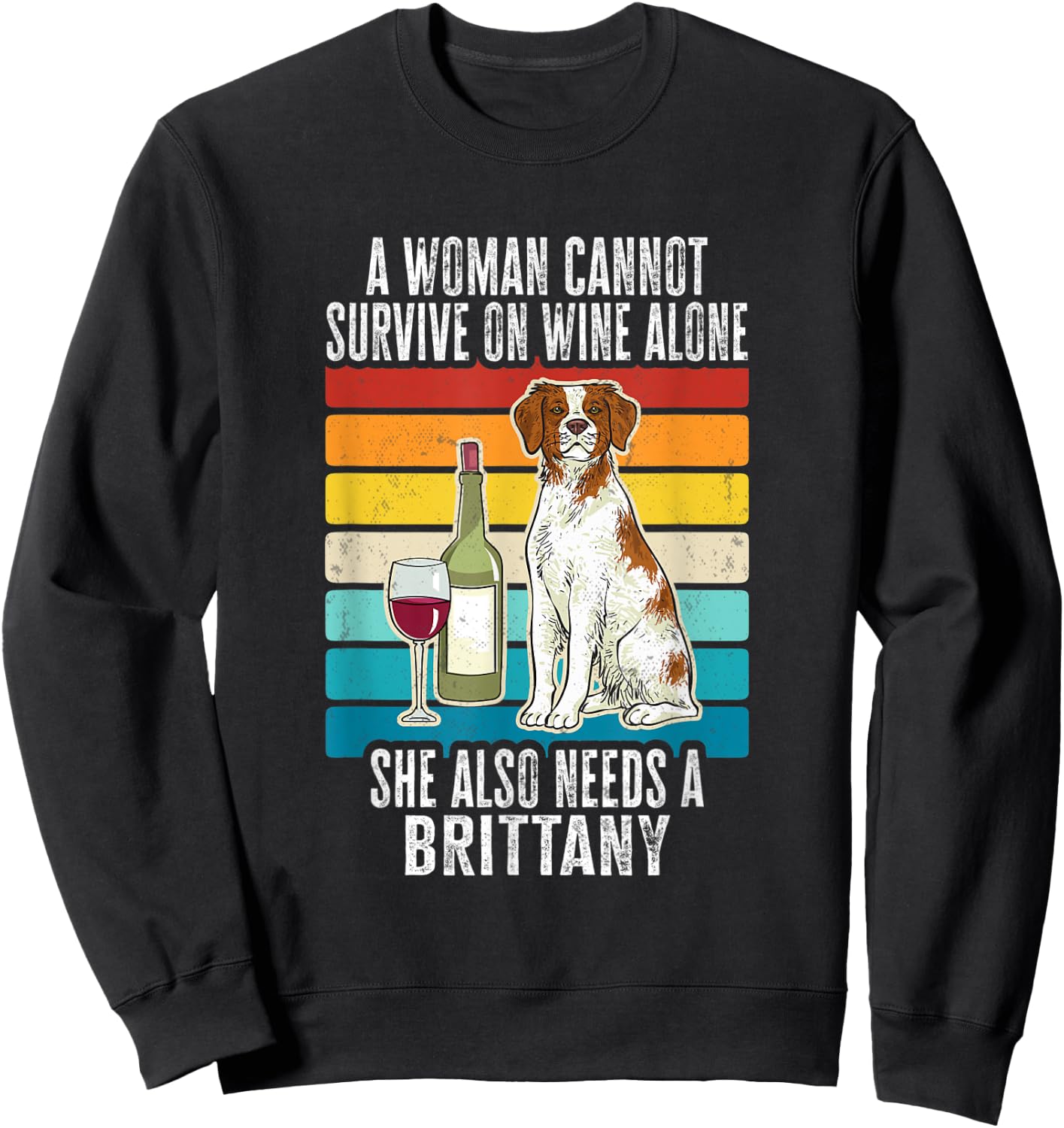 Brittany Spaniel Wine Retro Vintage Brittany Dog Men Women Sweatshirt - Sweatshirt | Black