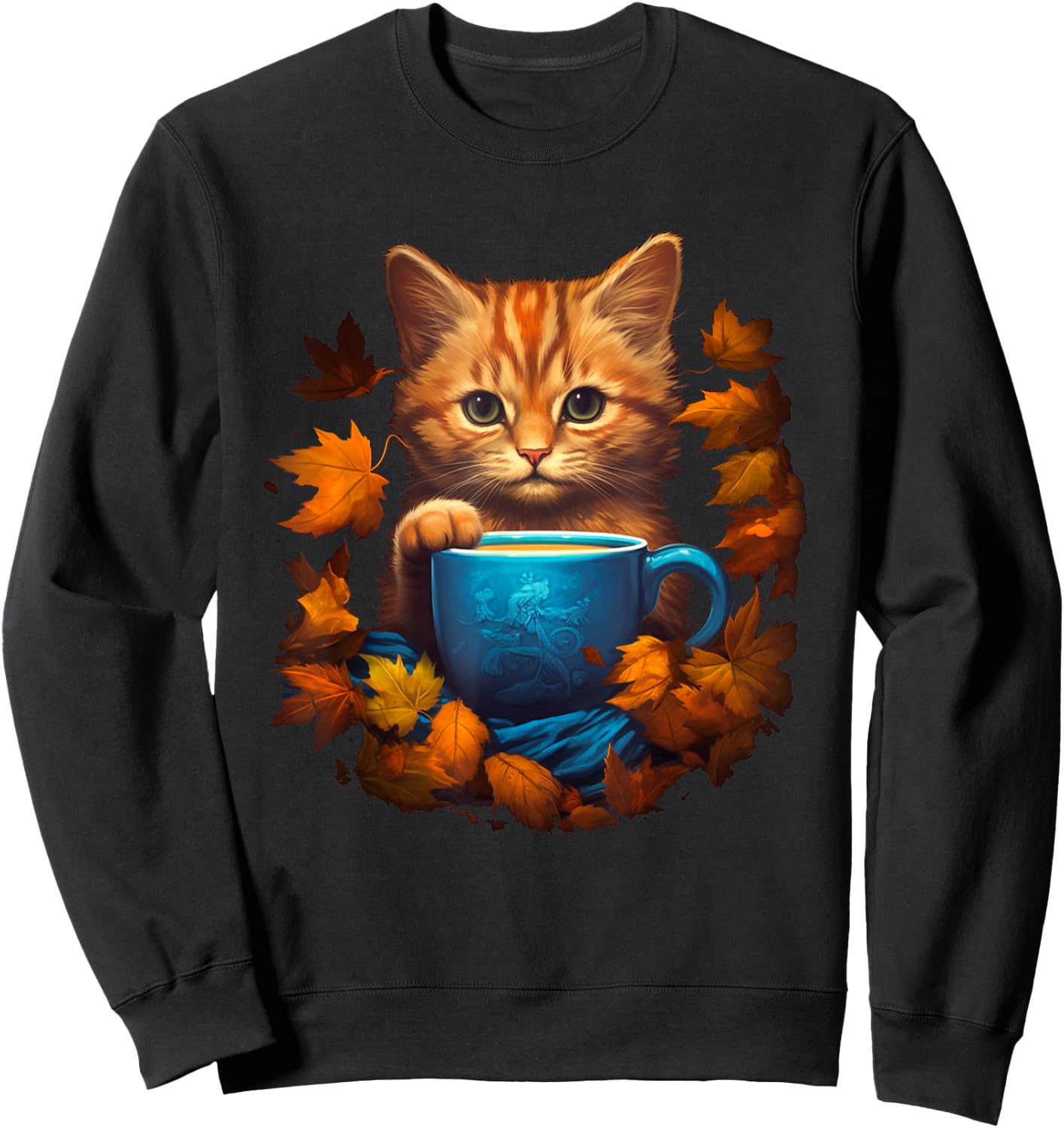 Funny Cat & Coffee Fall Autumn Leaves For Cat Lovers Costume Men Women Sweatshirt - Sweatshirt | Black