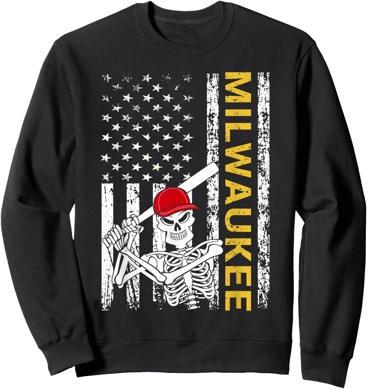 Milwaukee Halloween US Flag Skeleton Baseball Players Sweatshirt - Sweatshirt | Black