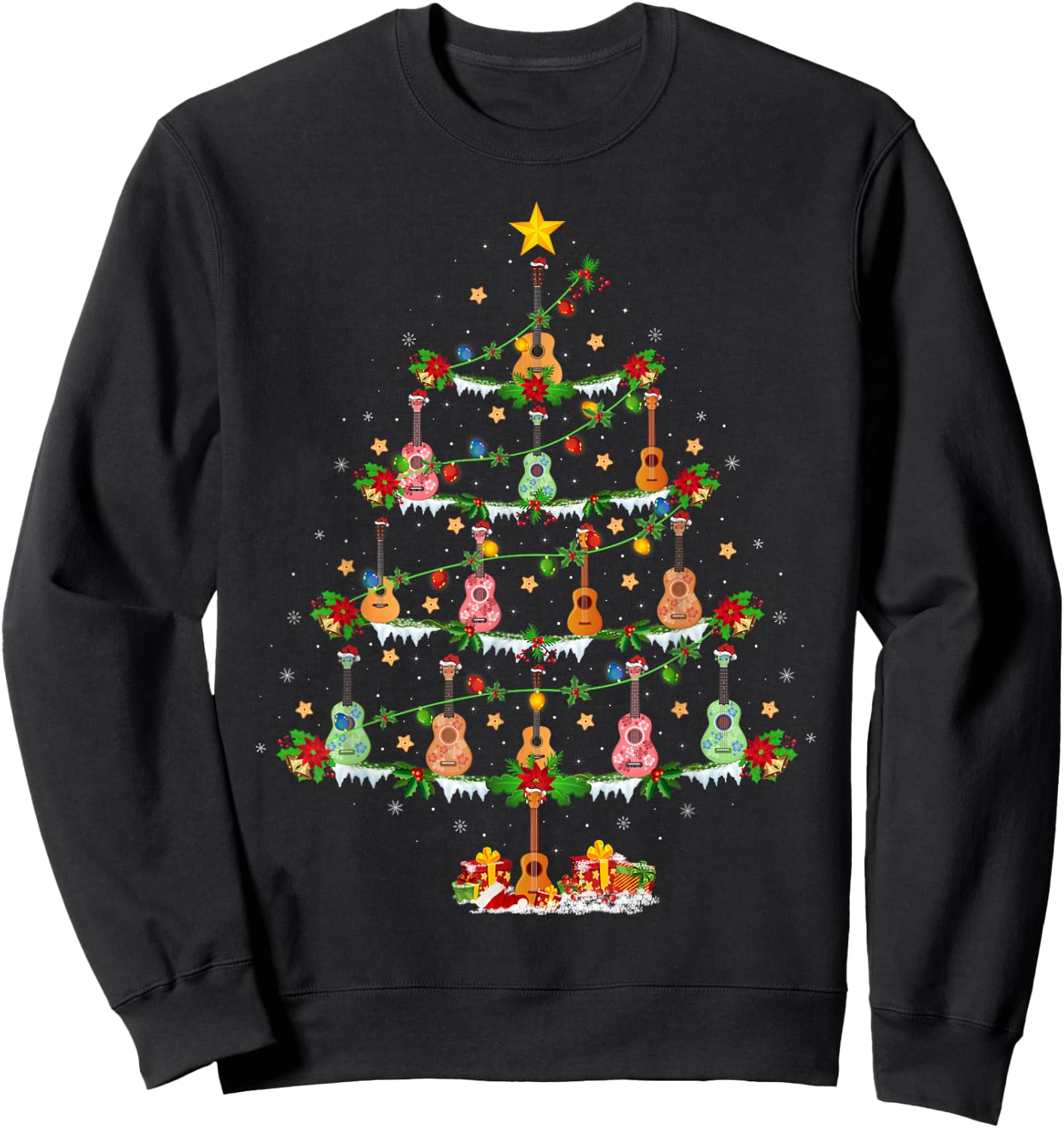 Ukulele Lover Xmas Lighting Santa Ukulele Christmas Tree Sweatshirt - Sweatshirt | Black