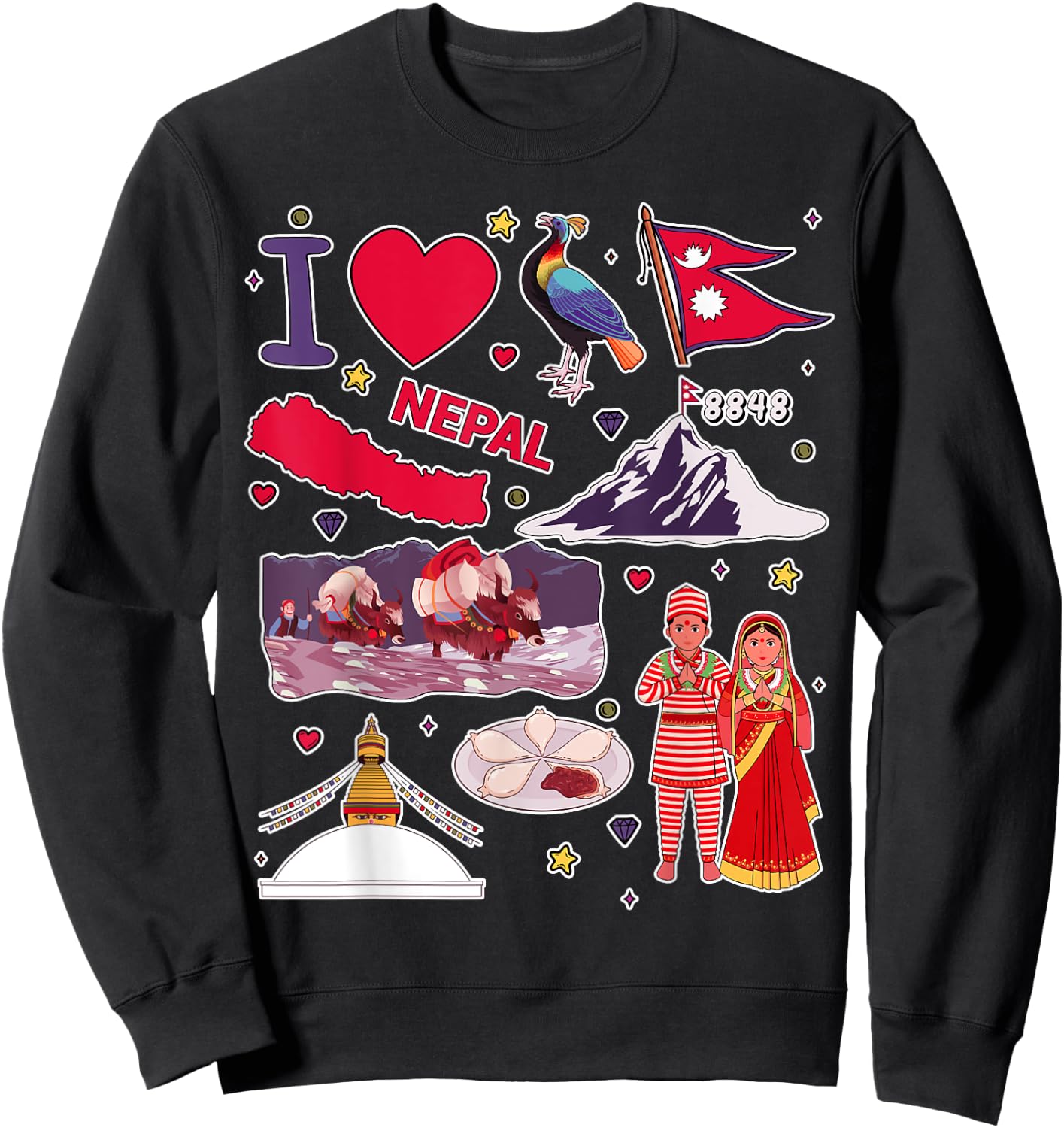Nepali hand drawn landmarks, Nepal map, cultural icons Sweatshirt - Sweatshirt | Black