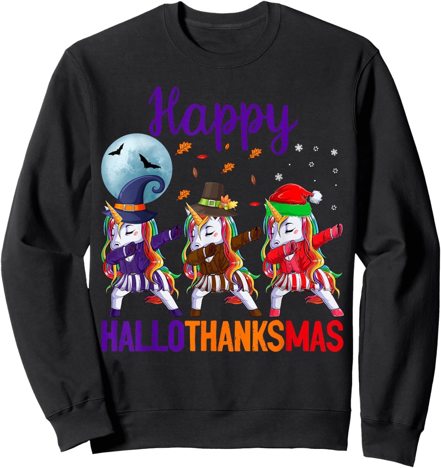 Happy Hallothanksmas Dabbing Unicorn Halloween Thanksgiving Sweatshirt - Sweatshirt | Black