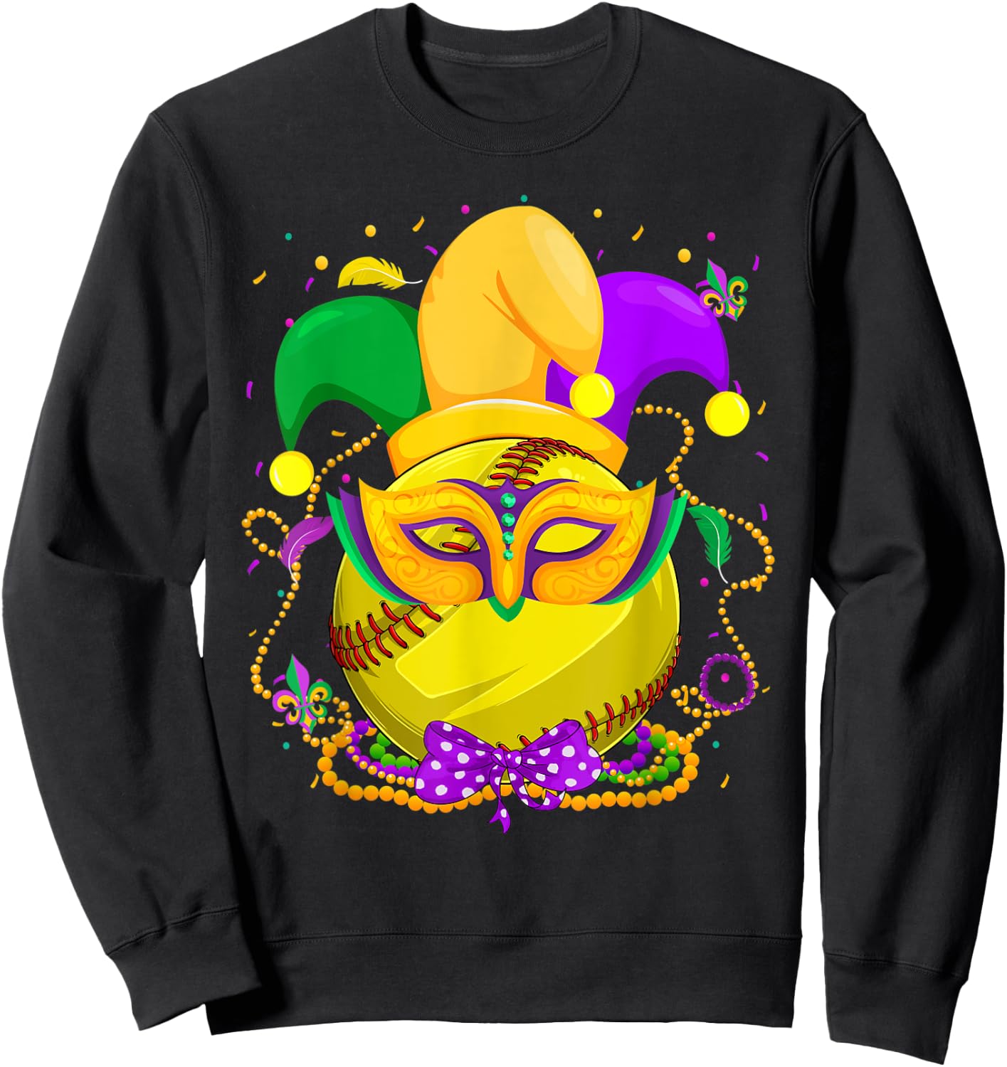 Softball Ball With Jester Hat Mardi Gras Fat Tuesday Parade Sweatshirt - Sweatshirt | Black