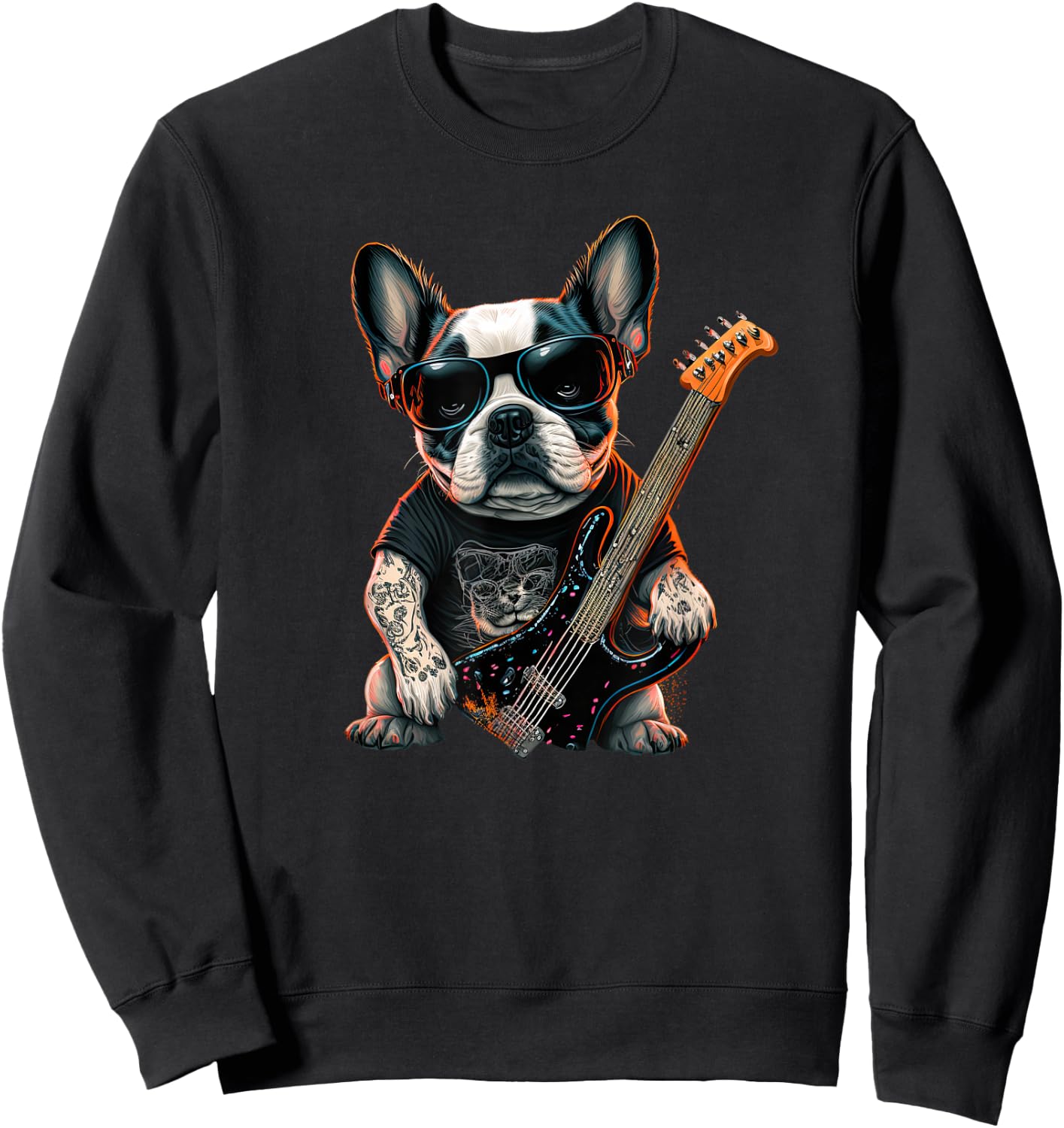 Funny French Bulldog Frenchie Rock and Roll Music Rocker Sweatshirt - Sweatshirt | Black