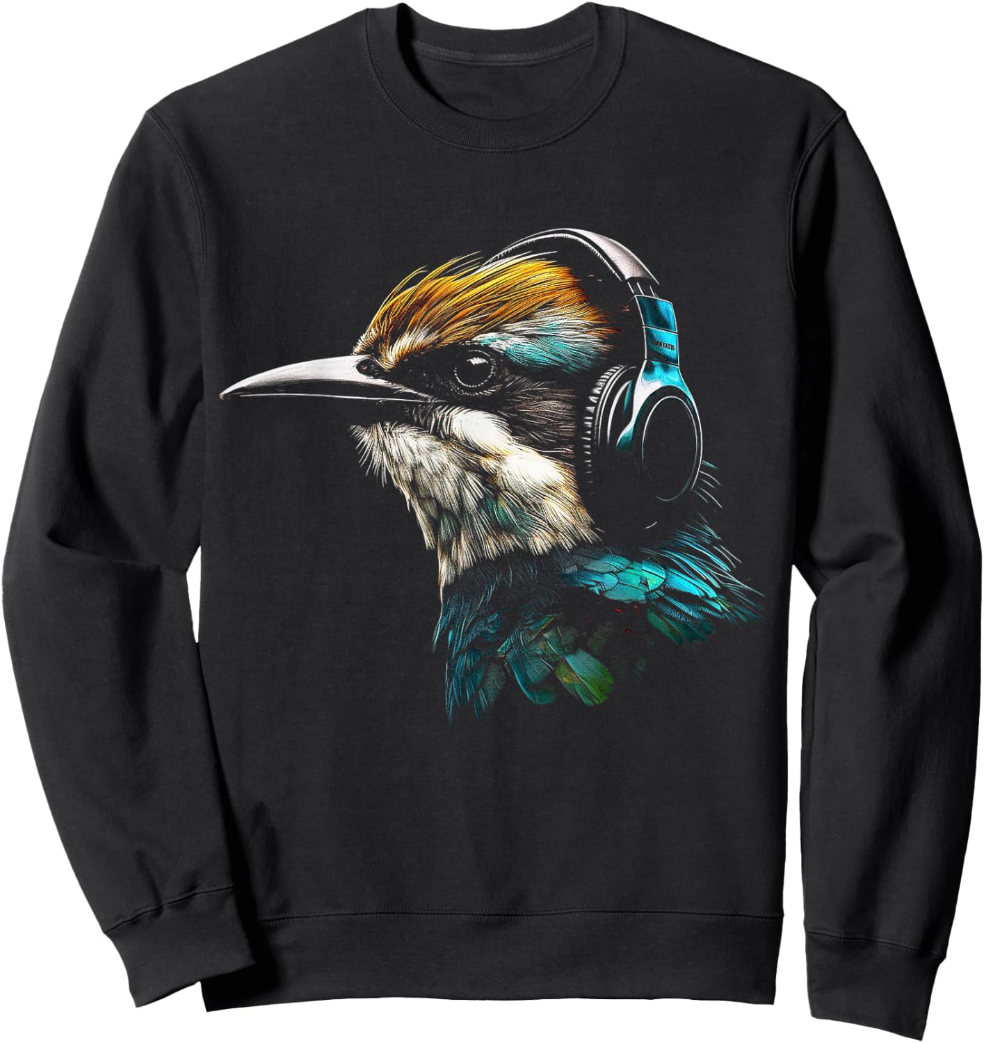Bird Headphones Artwork | Music Animal Motif Bird Sweatshirt - Sweatshirt | Black