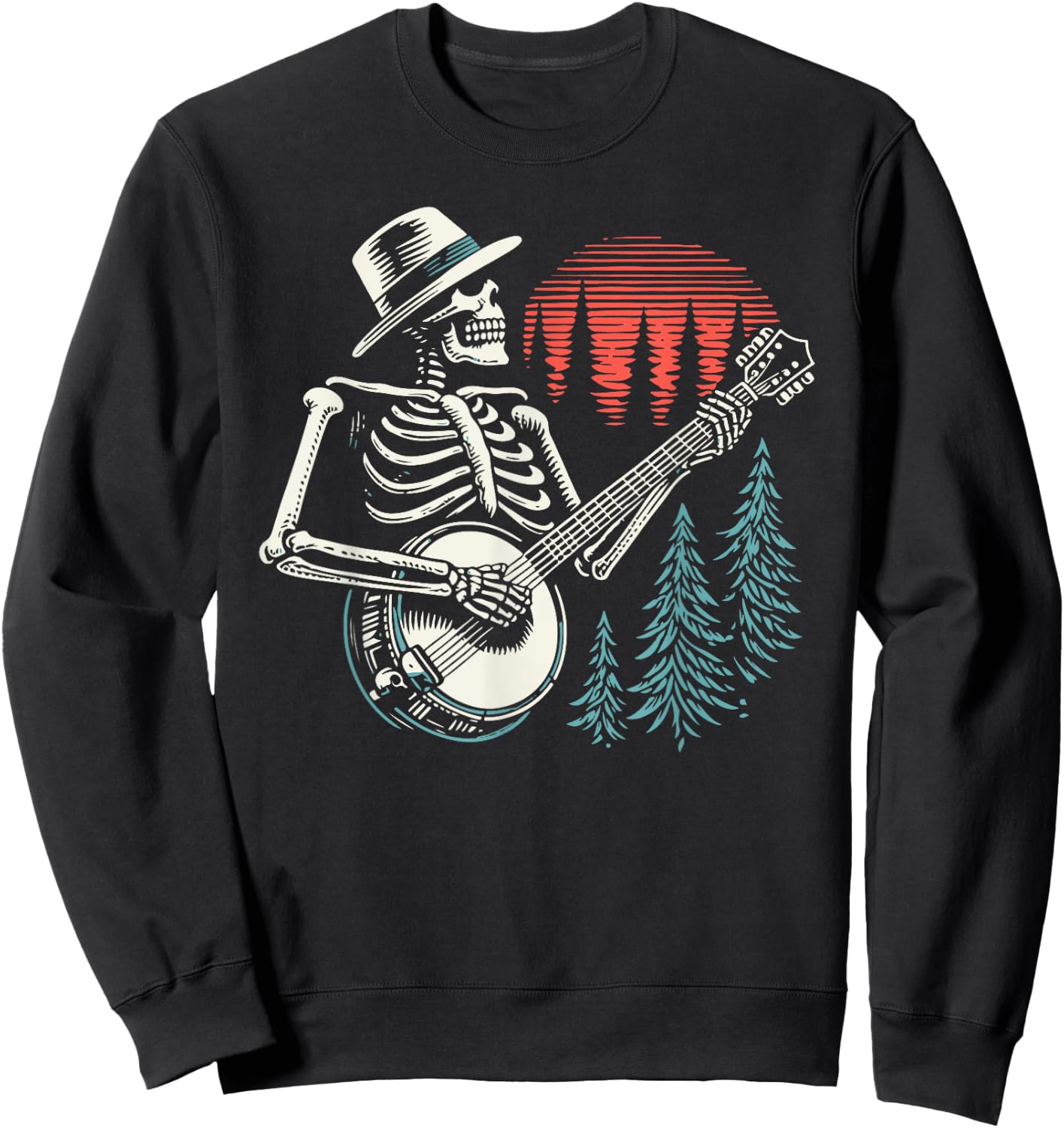 Minimalist Skeleton Skull Banjo Player Sweatshirt - Sweatshirt | Black