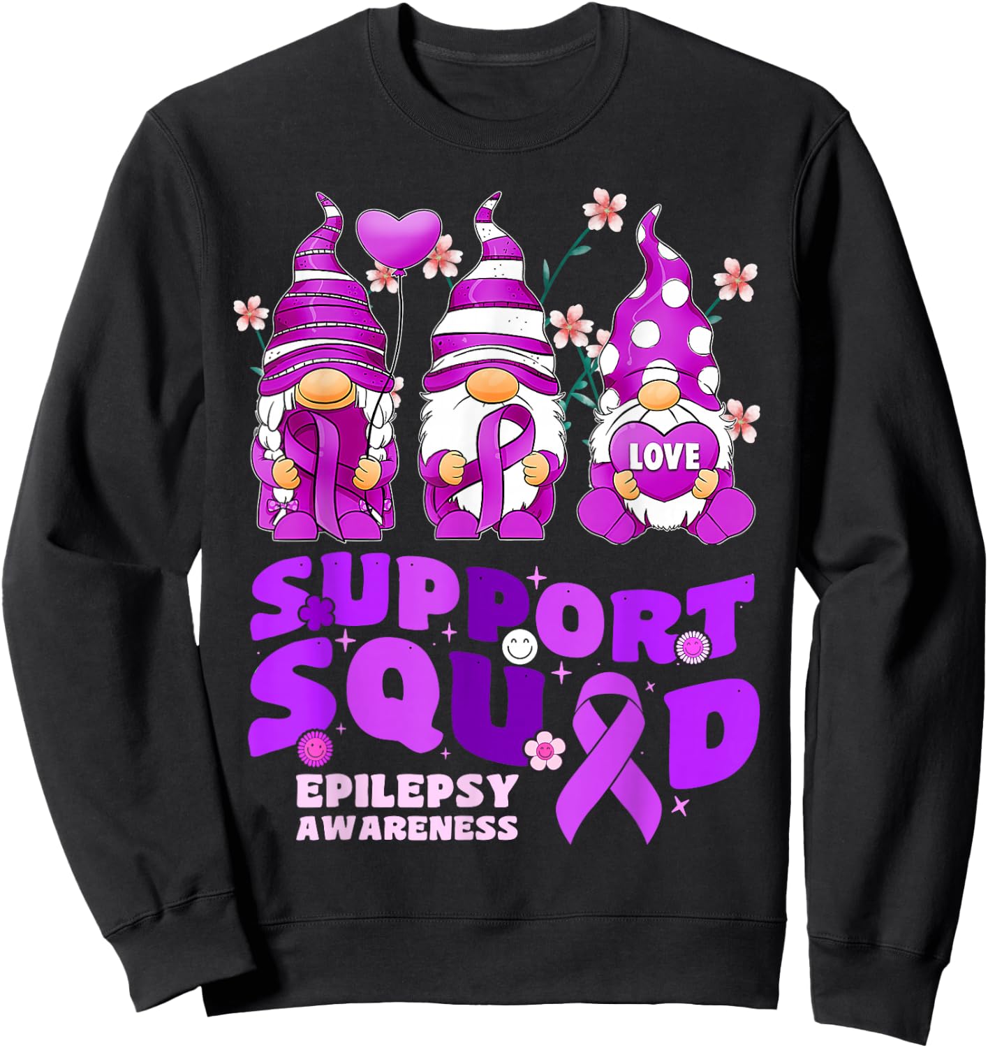 Support Squad Epilepsy Awareness Gnome Ribbon Flower Groovy Sweatshirt - Sweatshirt | Black