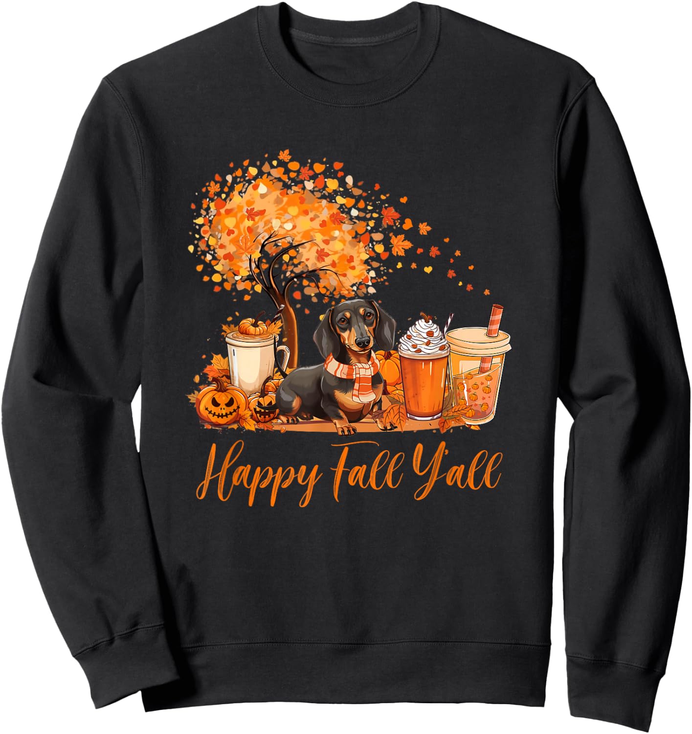 Happy Fall Y'all Dachshund Autumn Pumpkin Spice Latte Sweatshirt - Sweatshirt | Black