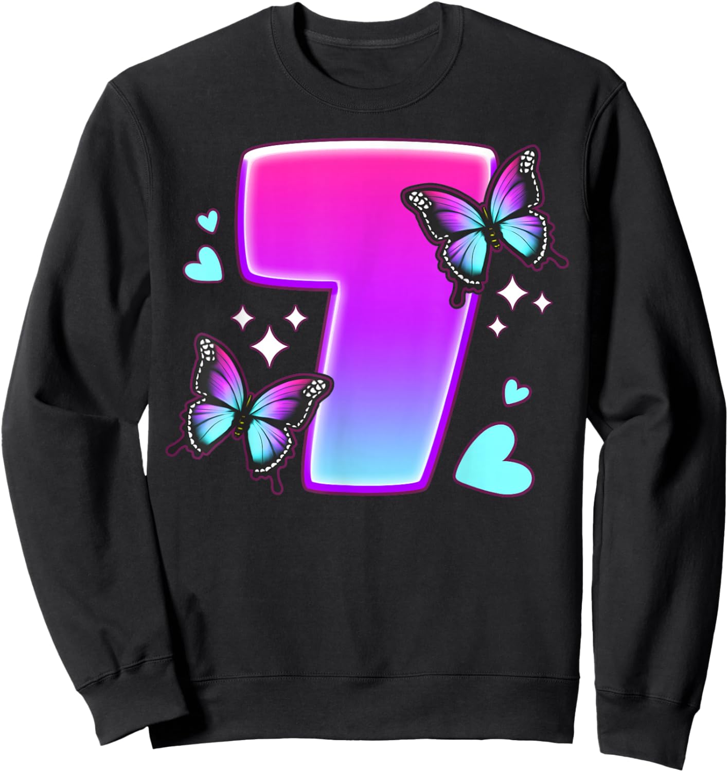 Birthday Girl 7 Years, Butterflies and Number 7 Sweatshirt - Sweatshirt | Black