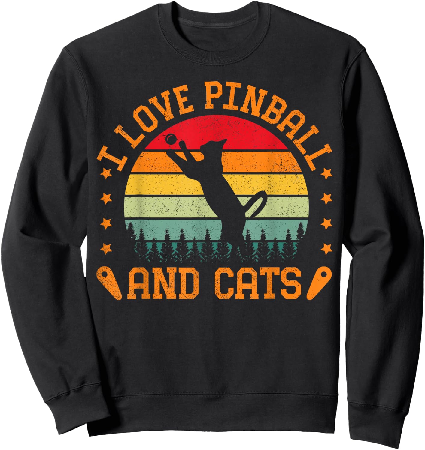 Retro Sunset I Love Pinball And Cats Pinball Machine Gamer Sweatshirt - Sweatshirt | Black