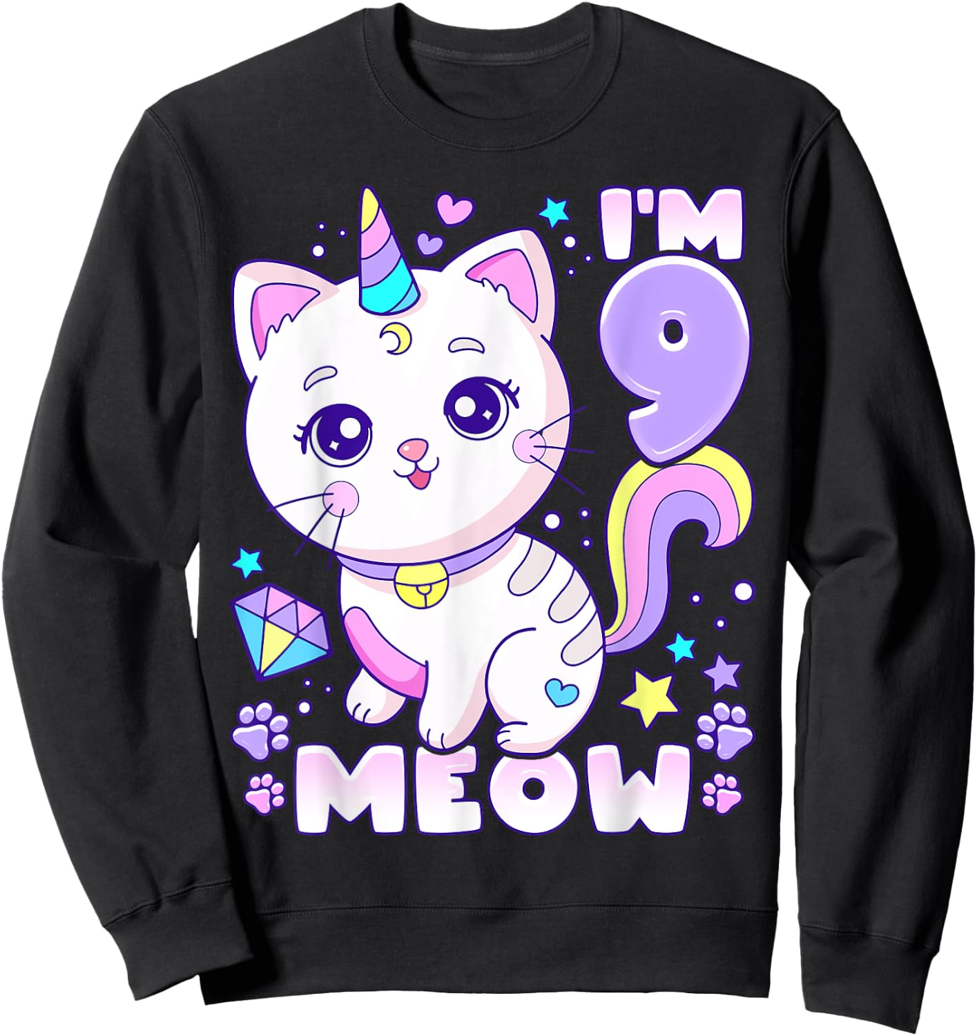 Birthday girl 9 years old, cat, unicorn, 9th birthday Sweatshirt - Sweatshirt | Black