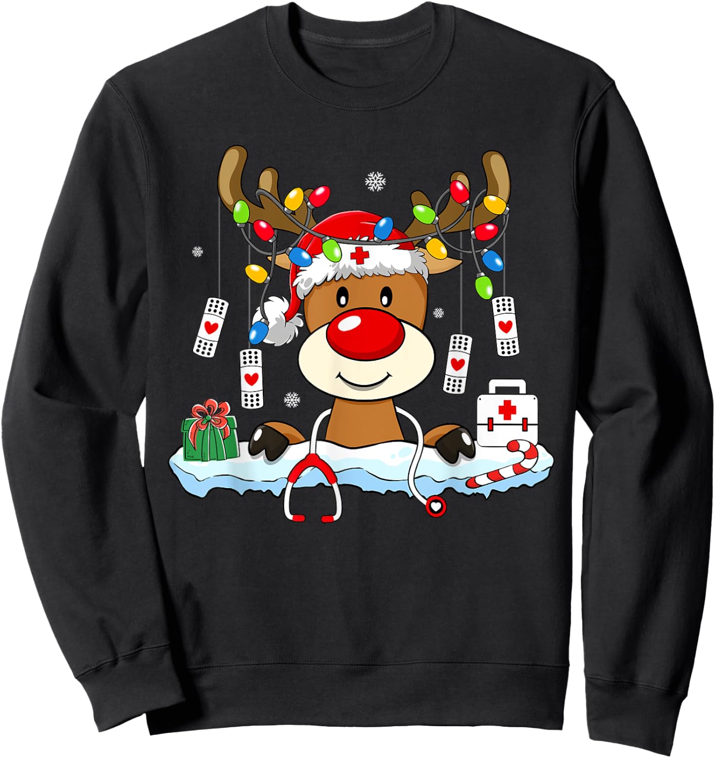 Family Christmas Shirts Gift Ideas Nurse Christmas Reindeer Stethoscope Nursing Matching Xmas Sweatshirt - Sweatshirt | Black