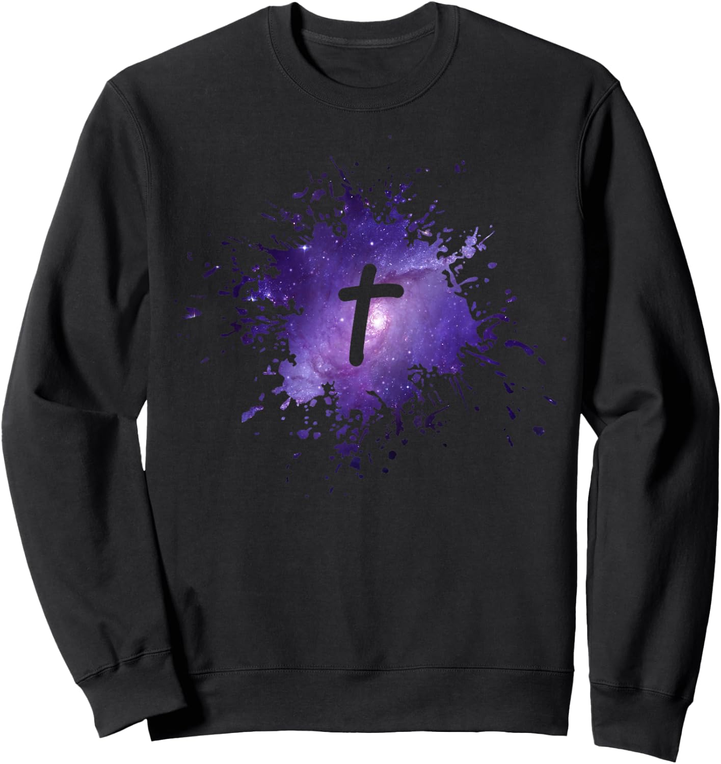 Purple Galaxy Splatter Design with Cross Christian Men Women Sweatshirt - Sweatshirt | Black