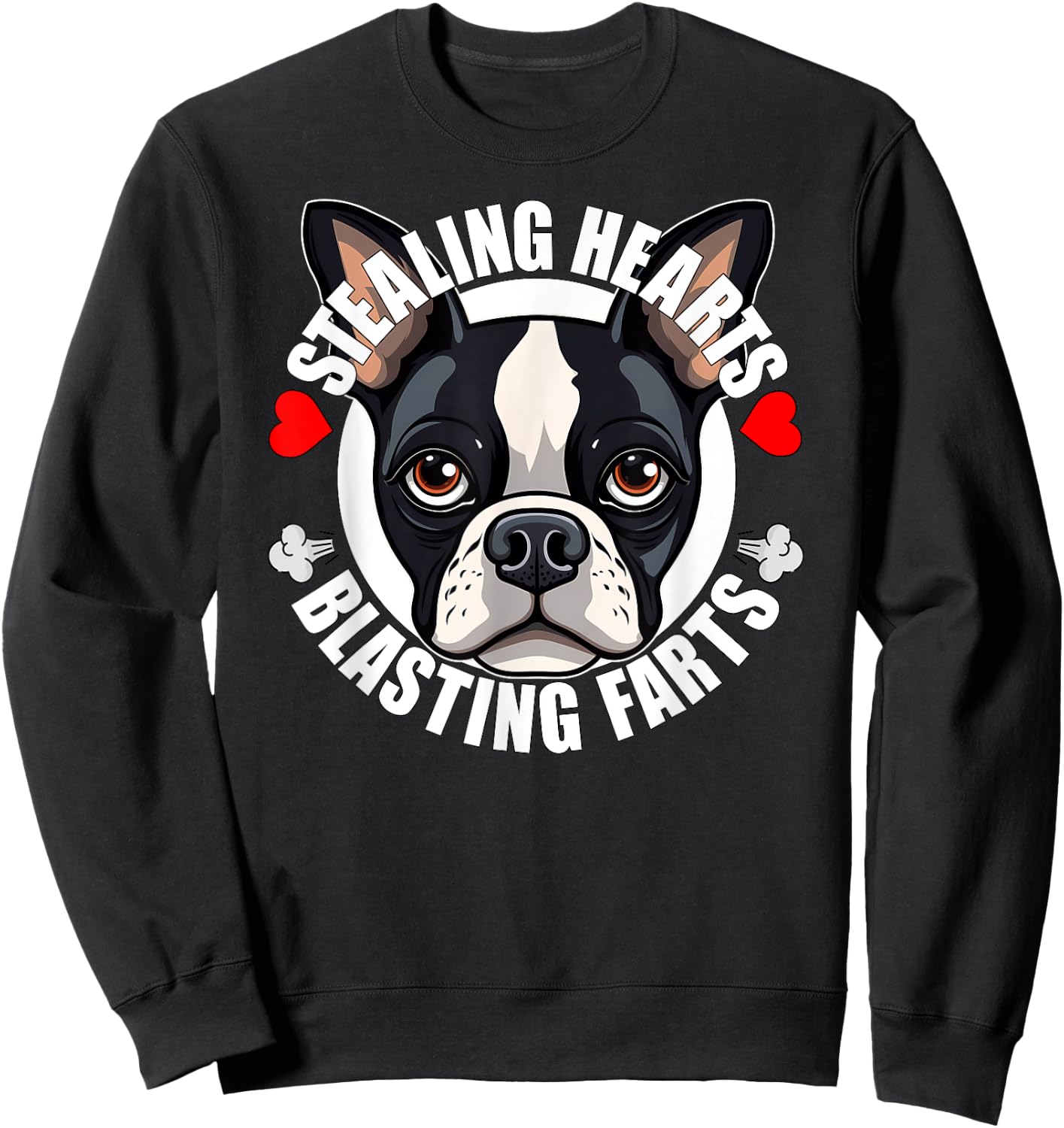 Funny Boston Terrier Stealing Hearts Blasting Farts Cute Dog Men Women Girls Kids Sweatshirt - Sweatshirt | Black
