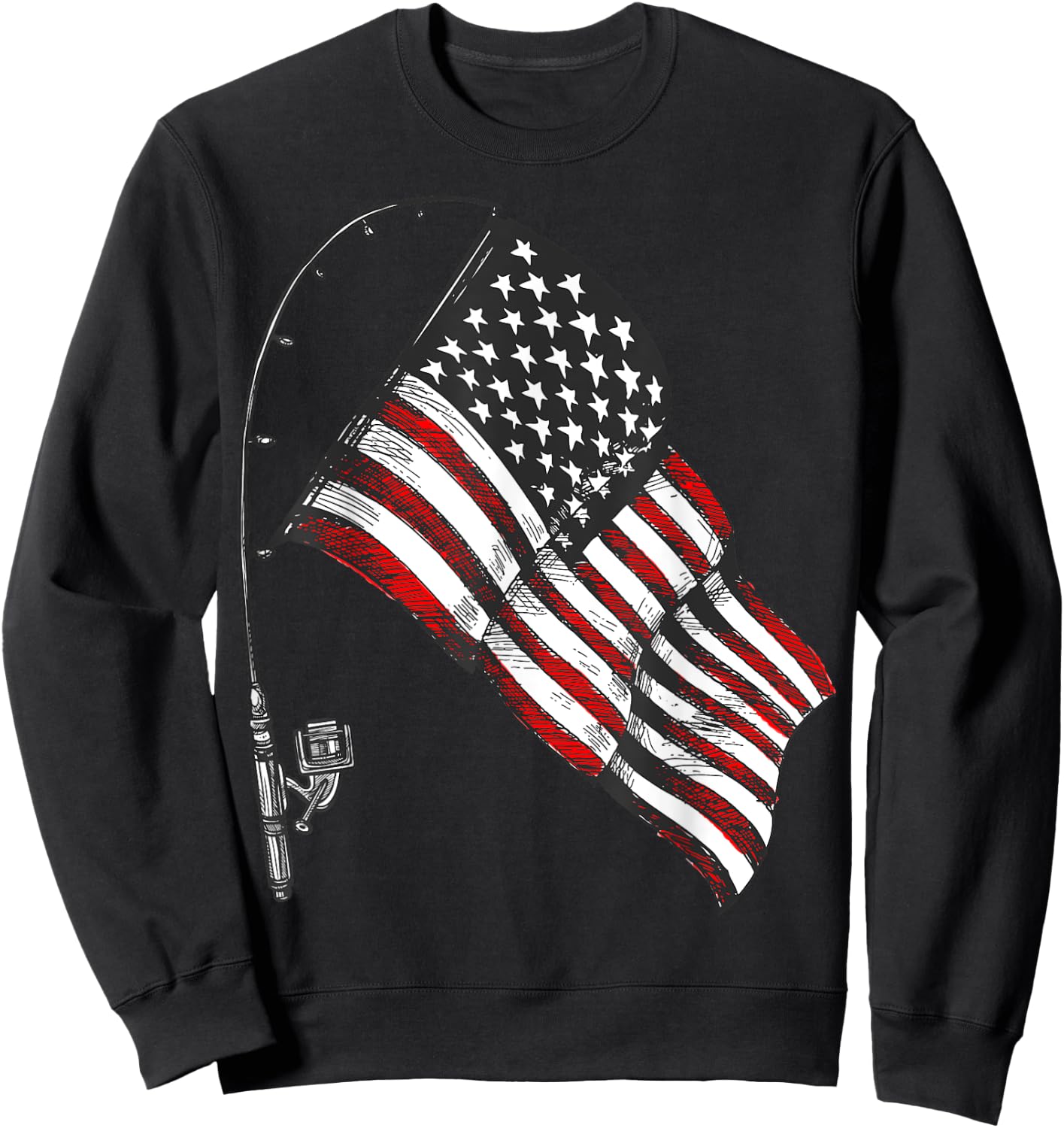 Vintage American Flag Fishing Rod Fishing Lover Fisherman Sweatshirt - Sweatshirt | Black
