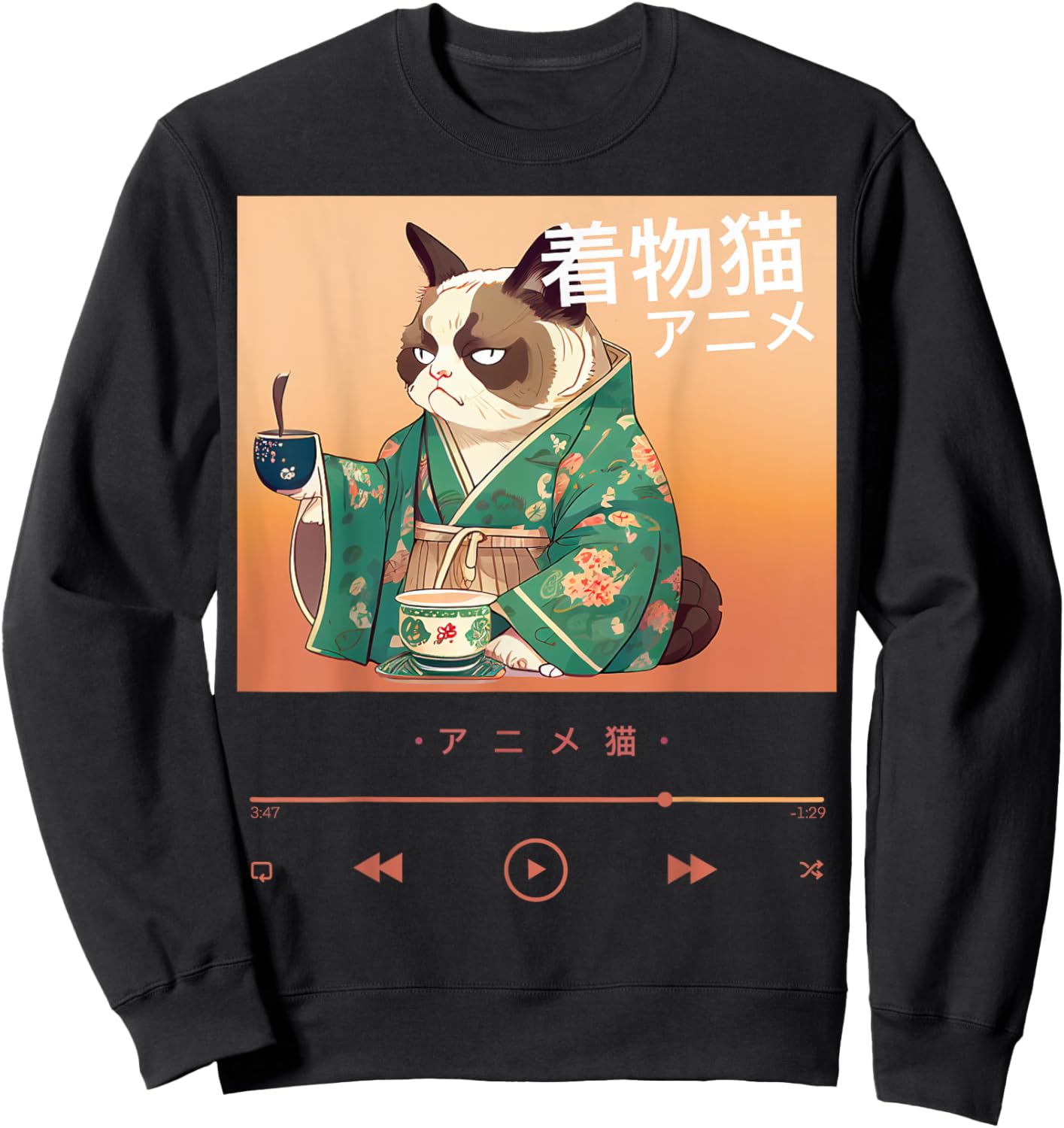 Cute Anime Cat in Colorful Japanese Outfit Men Women Kids Sweatshirt - Sweatshirt | Black