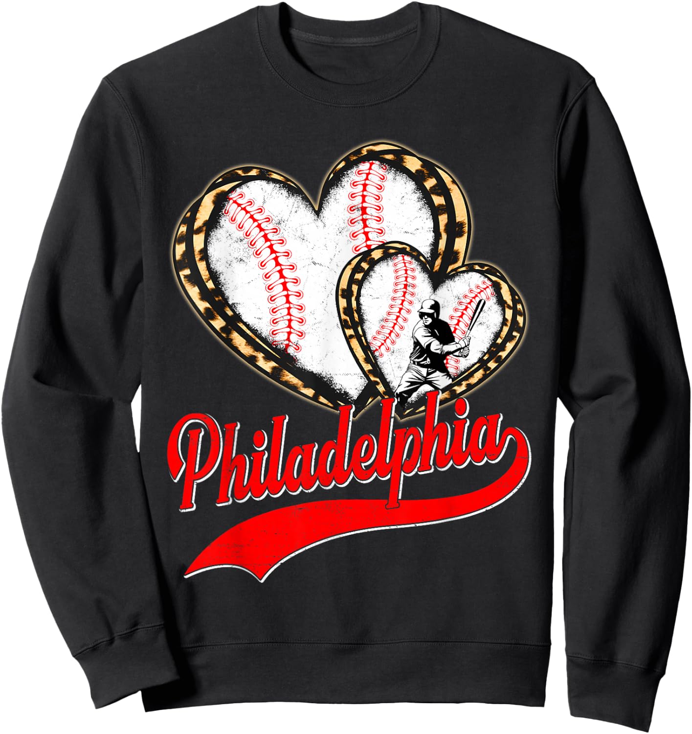 Vintage Philadelphia Baseball Leopard Heart Baseball Fans Sweatshirt - Sweatshirt | Black