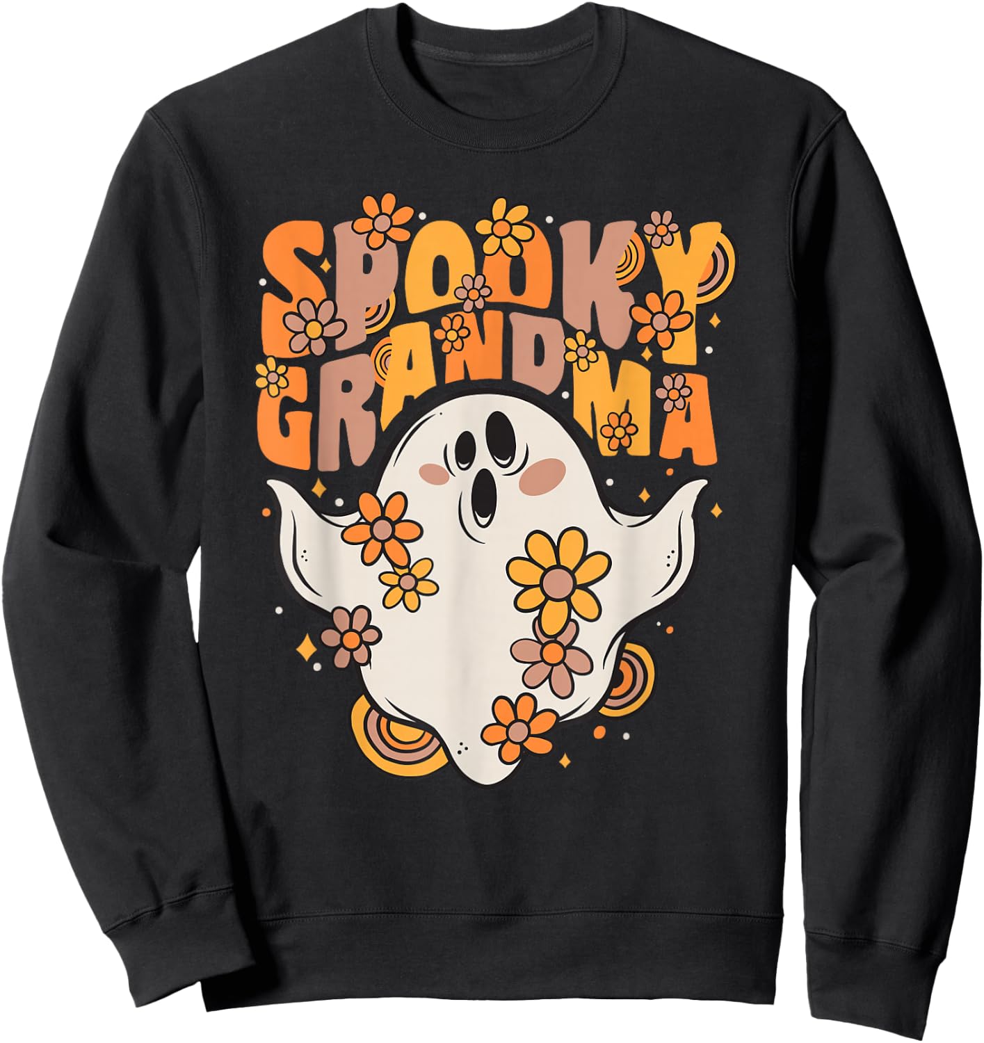 Spooky Grandma Groovy Ghost With Vintage Flowers Halloween Sweatshirt - Sweatshirt | Black