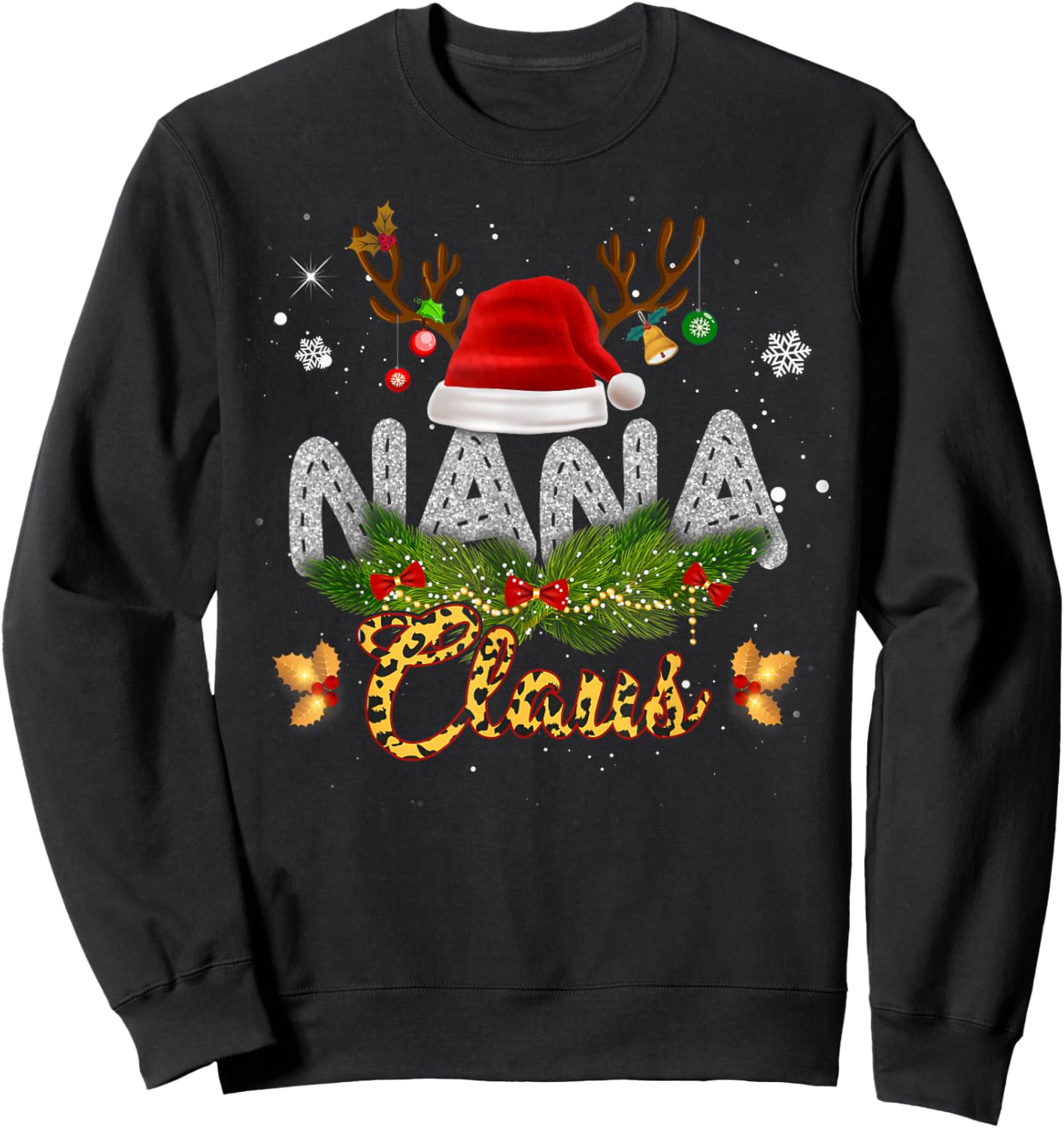 Nana Claus Leopard Christmas Funny Nana Mom Women Sweatshirt - Sweatshirt | Black