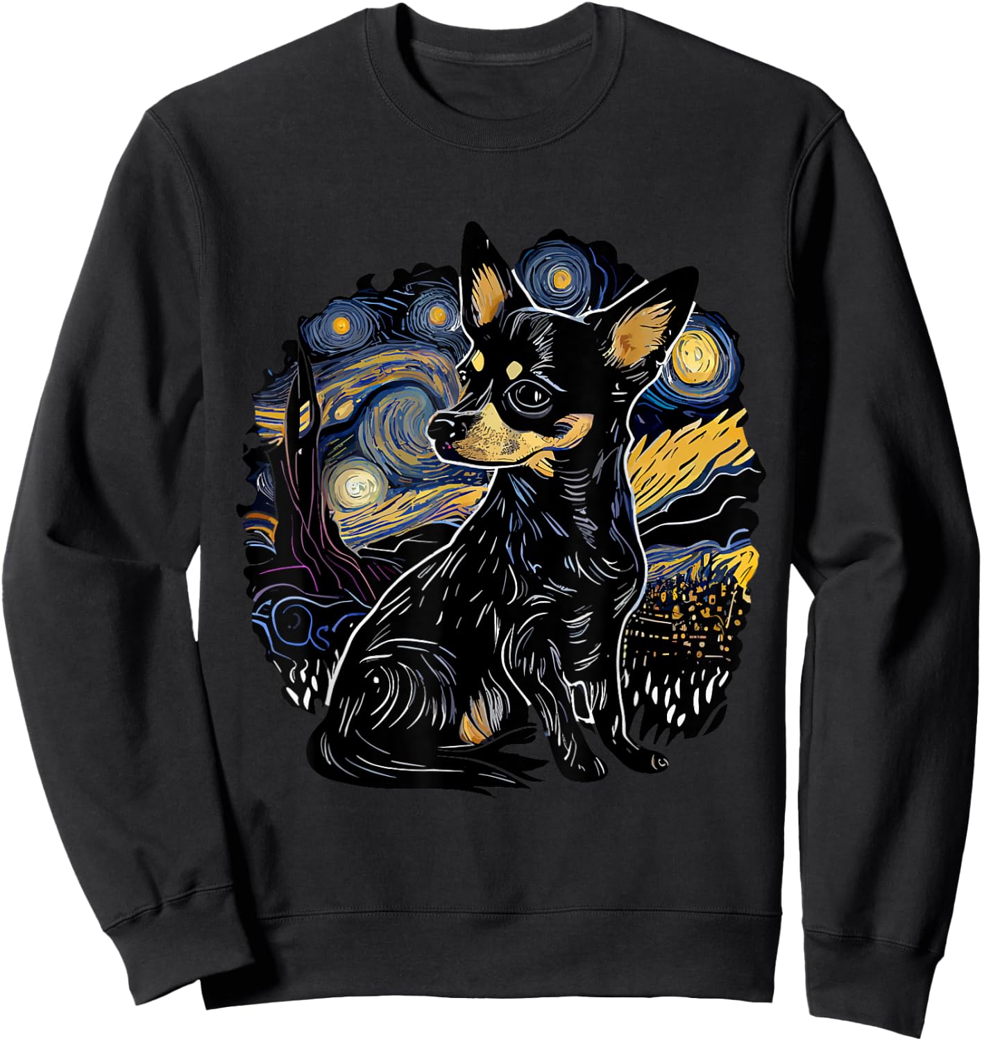 Black Chihuahua Starry Night Van Gogh Colorful Sweatshirt - Sweatshirt | Black