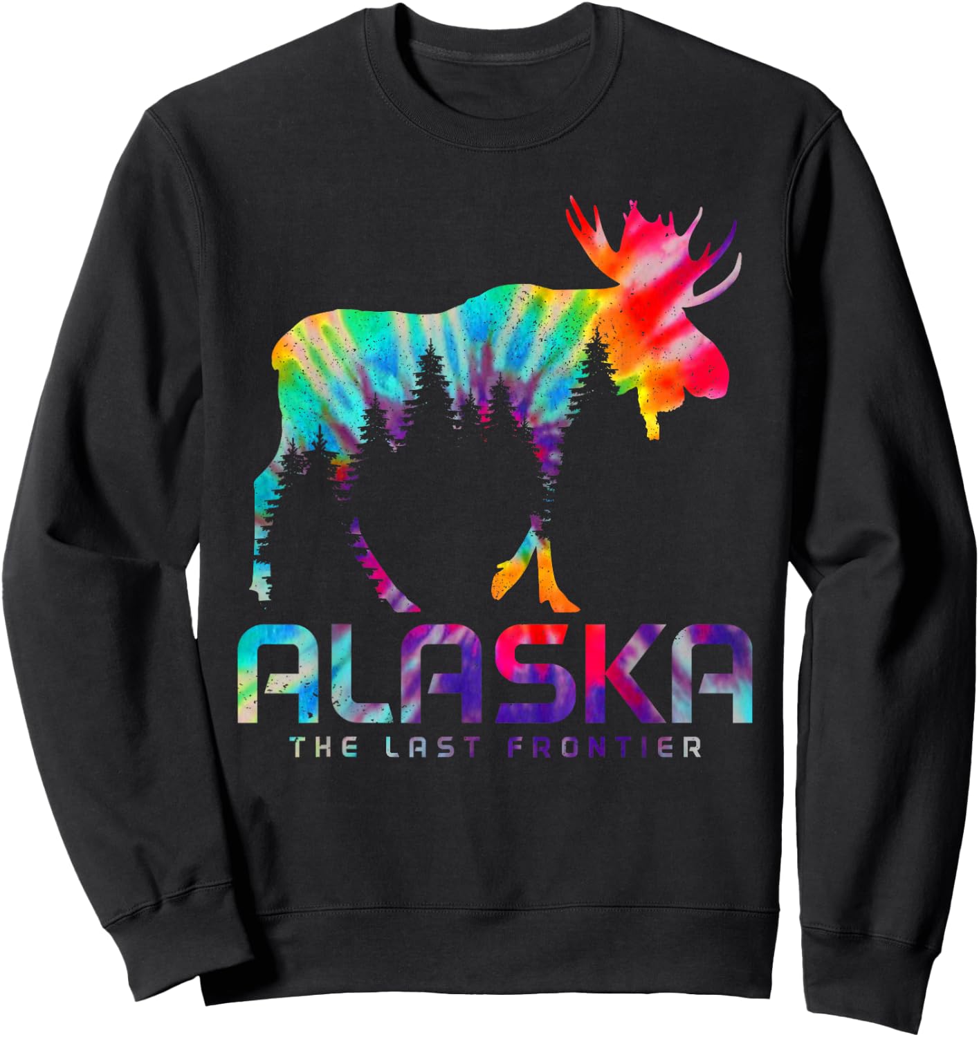 Alaska The Last Frontier Vintage Tie Dye Souvenir Moose Sweatshirt - Sweatshirt | Black