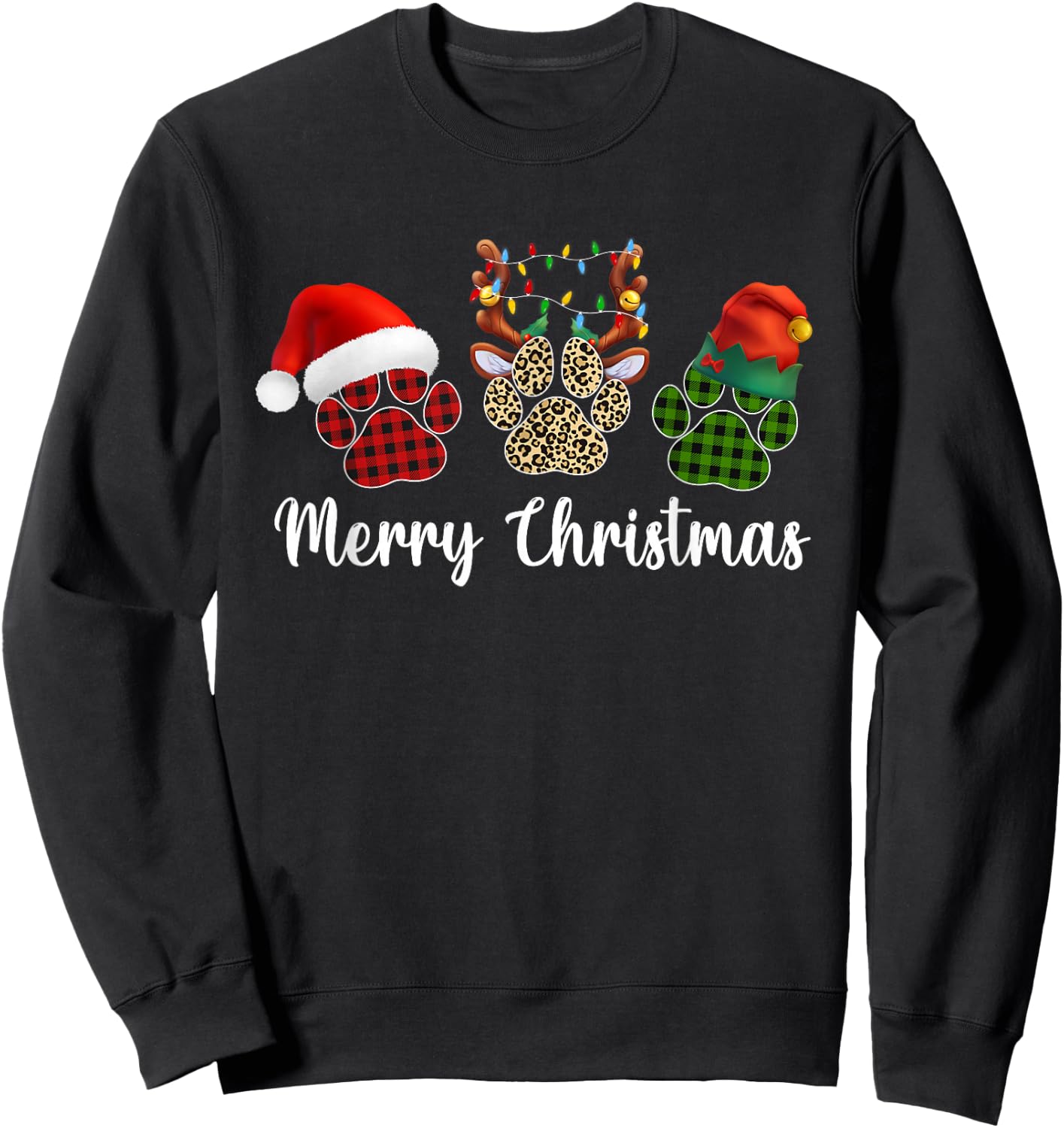 Merry Christmas Dog Paws Buffalo Plaid Leopard Santa Xmas Sweatshirt - Sweatshirt | Black