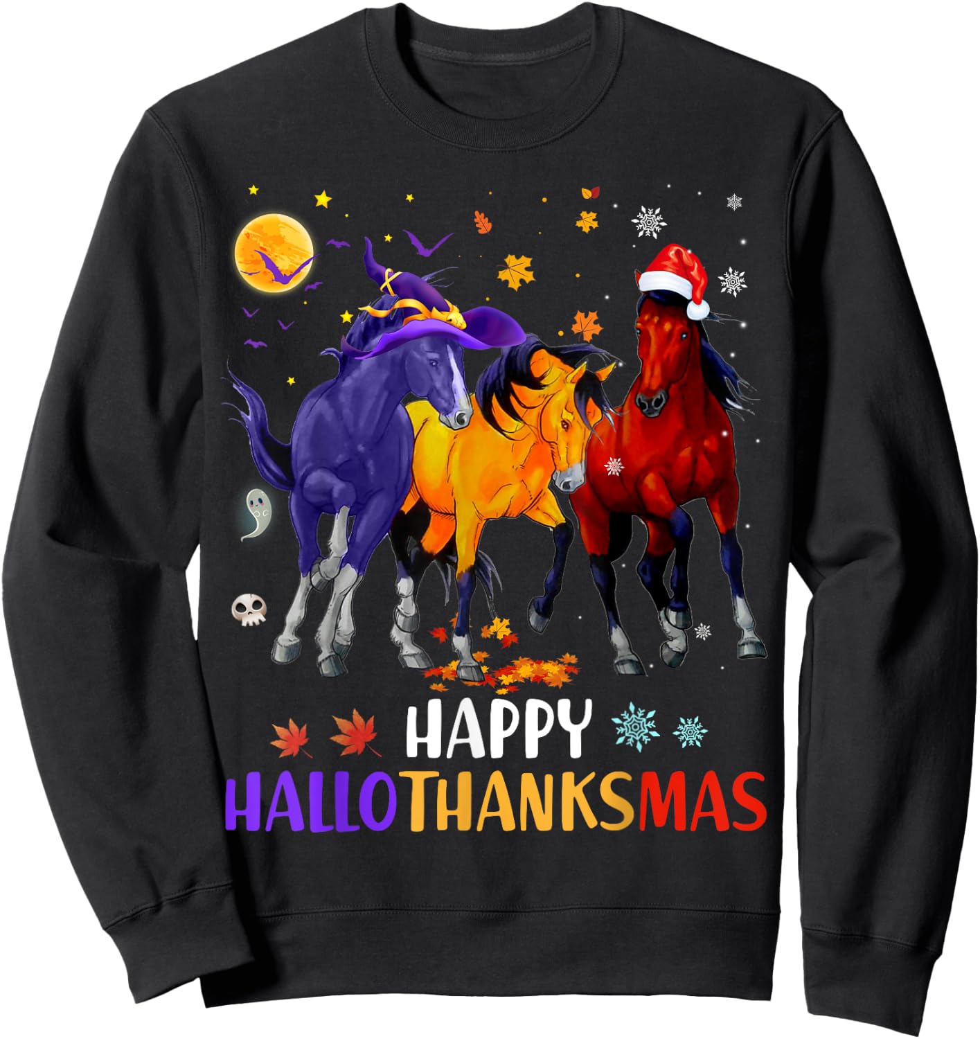 Happy Hallothanksmas Horse Halloween Thanksgiving Christmas Sweatshirt - Sweatshirt | Black