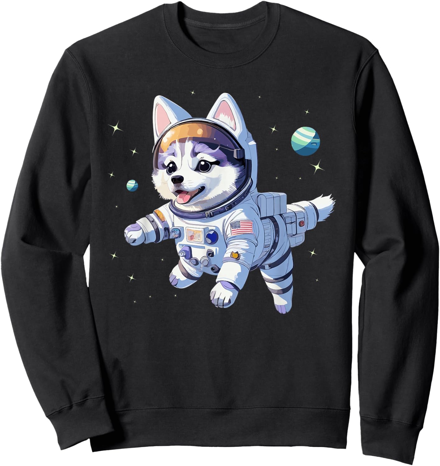Space Dog Siberian Husky Cute Puppy Astronaut Galaxy Graphic Sweatshirt - Sweatshirt | Black