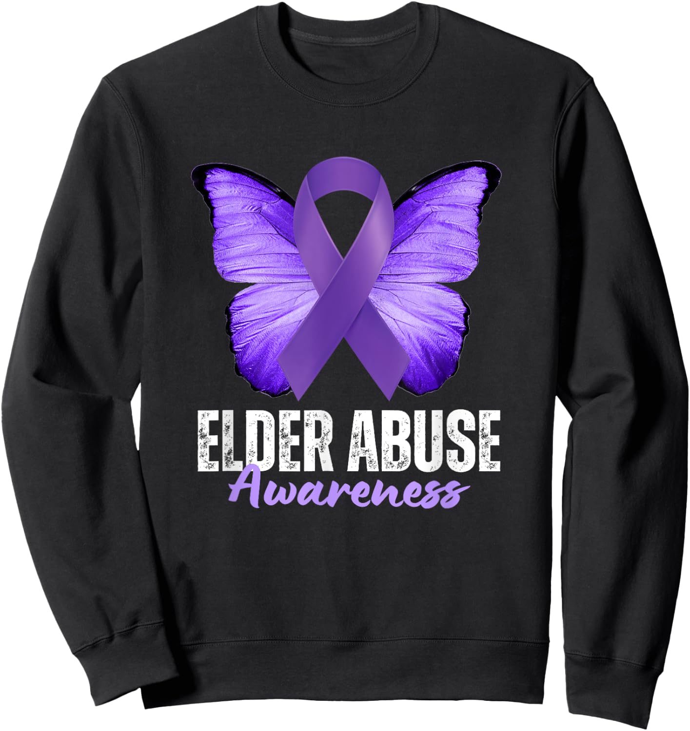 Elder Abuse Awareness Month Purple Butterfly Ribbon Sweatshirt - Sweatshirt | Black