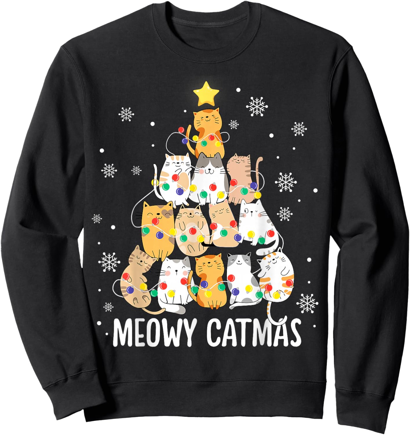 Meowy Catmas Cat Christmas Tree Lights Kitten Xmas Cat Lover Sweatshirt - Sweatshirt | Black