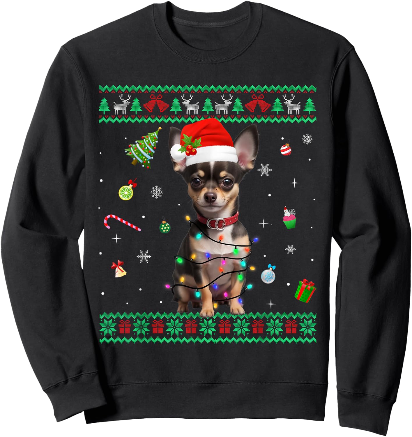 Ugly Sweater Chihuahua Dog Christmas Lights Santa Hat Men Women Kids Sweatshirt - Sweatshirt | Black
