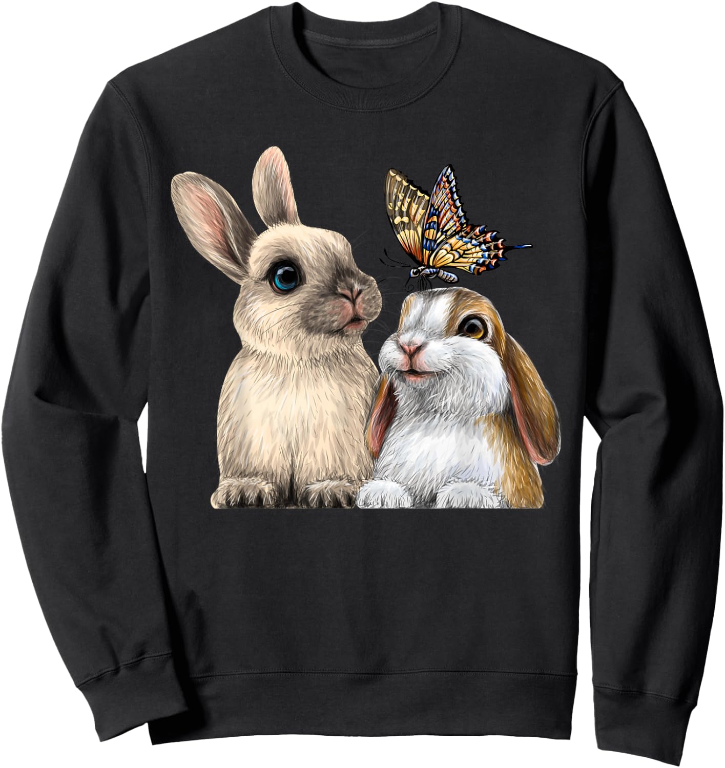 two cute Little rabbits with a butterfly for lovers Bunny Sweatshirt - Sweatshirt | Black