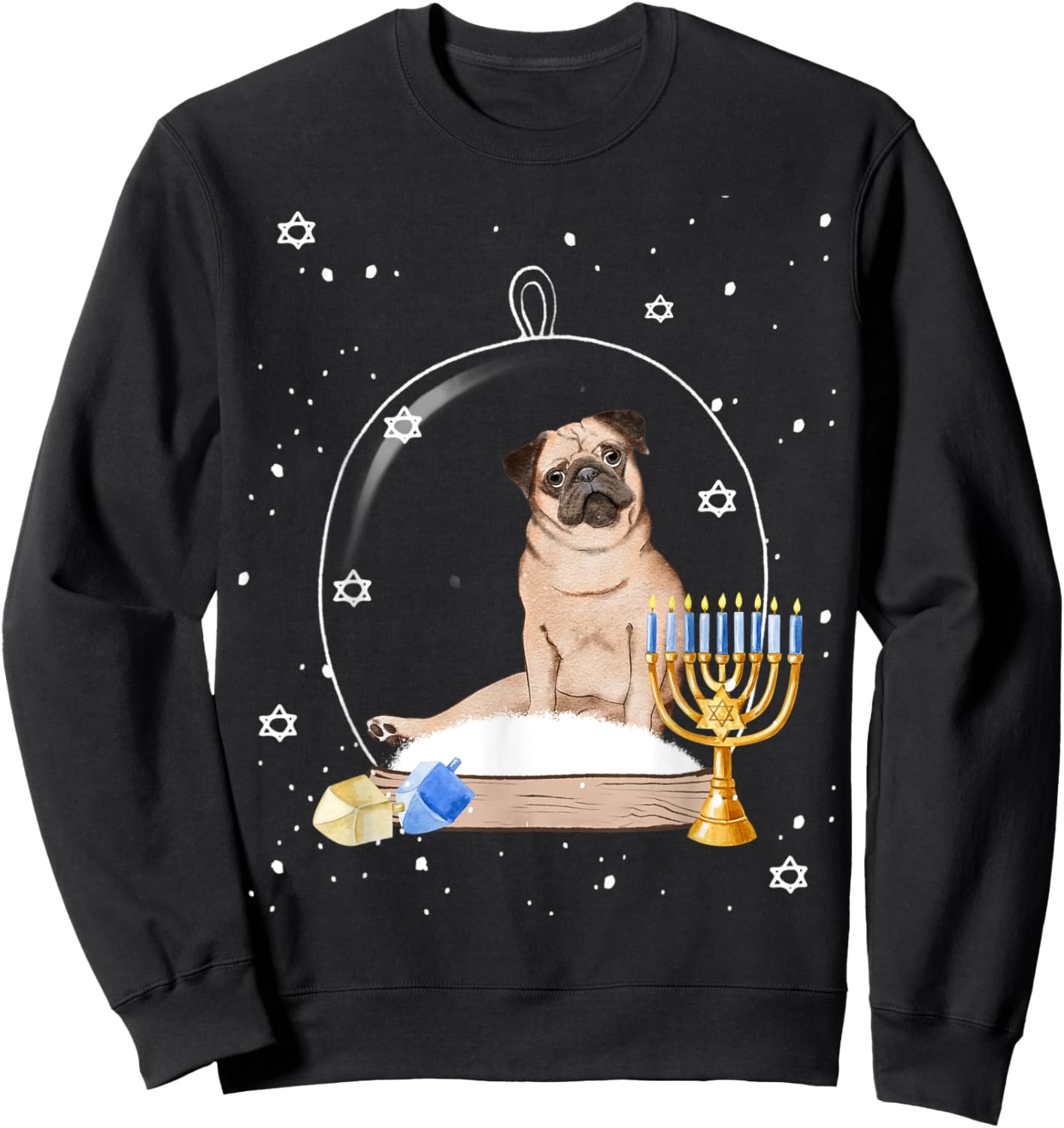 Hanukkah Pug Dog Snow Globe Pajama Women Kids Sweatshirt - Sweatshirt | Black