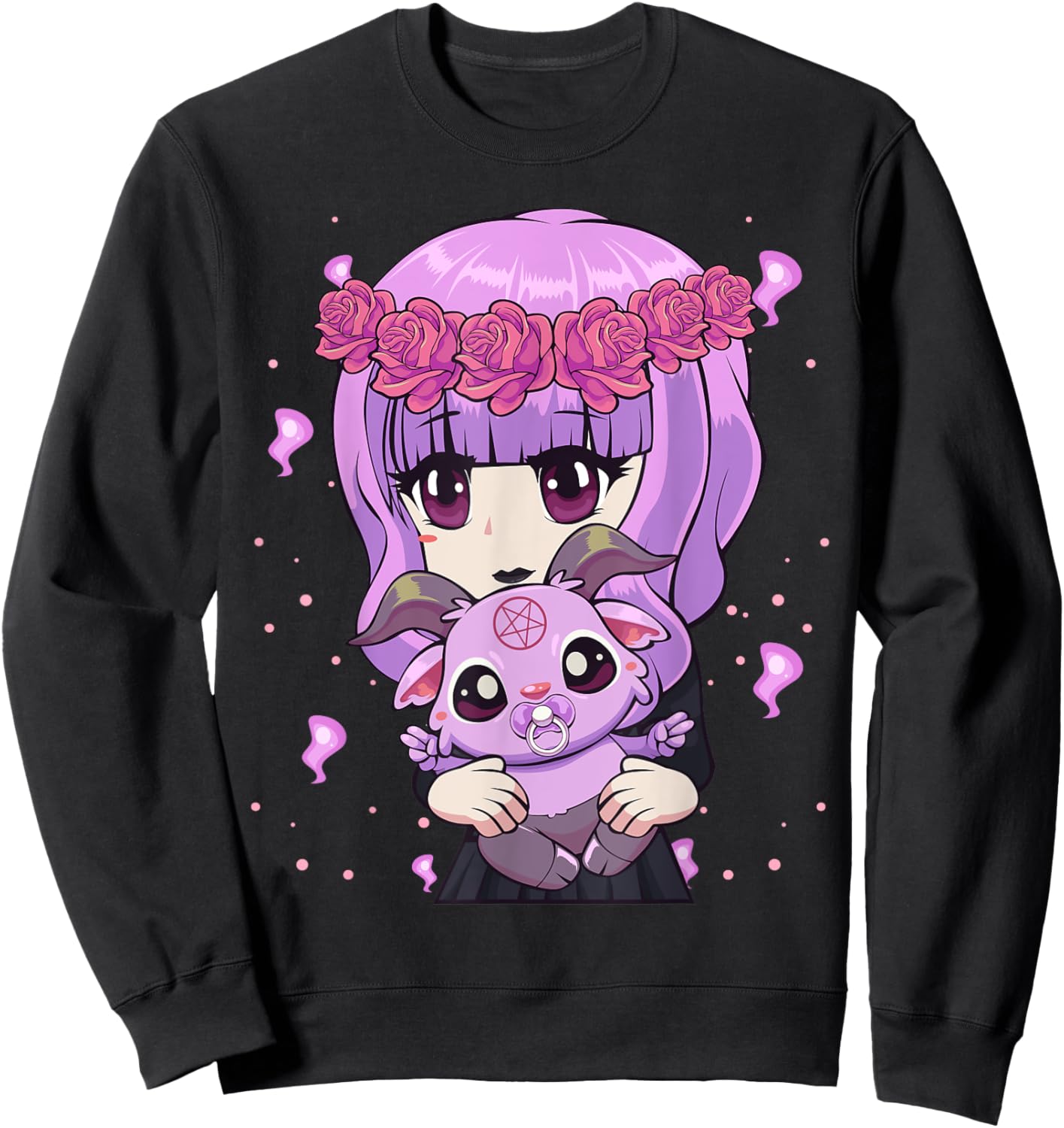 Anime Kawaii Pastel Goth Girl with Cute Baby Baphomet Sweatshirt - Sweatshirt | Black