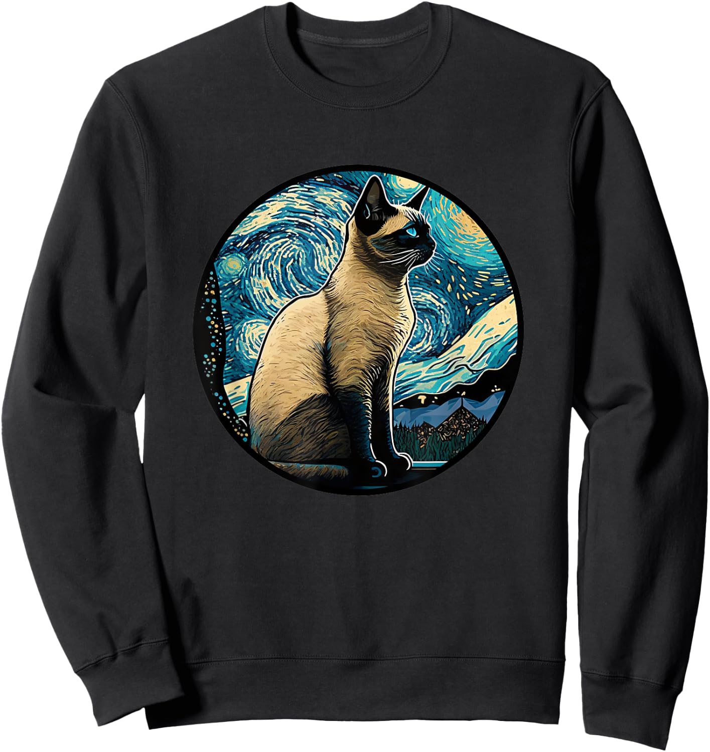 Siamese Cat in Starry Night Painting Men Women Kids Sweatshirt - Sweatshirt | Black