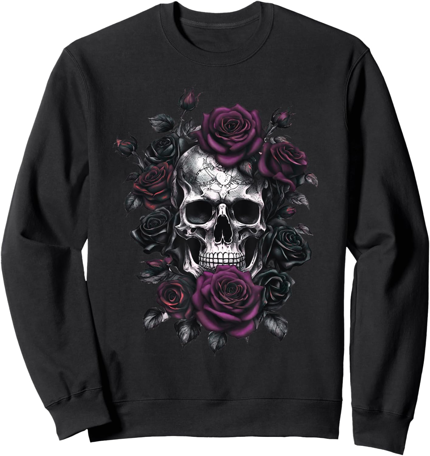 Skeleton Metalhead Skulls and Roses Metal Rock Purple Roses Sweatshirt - Sweatshirt | Black