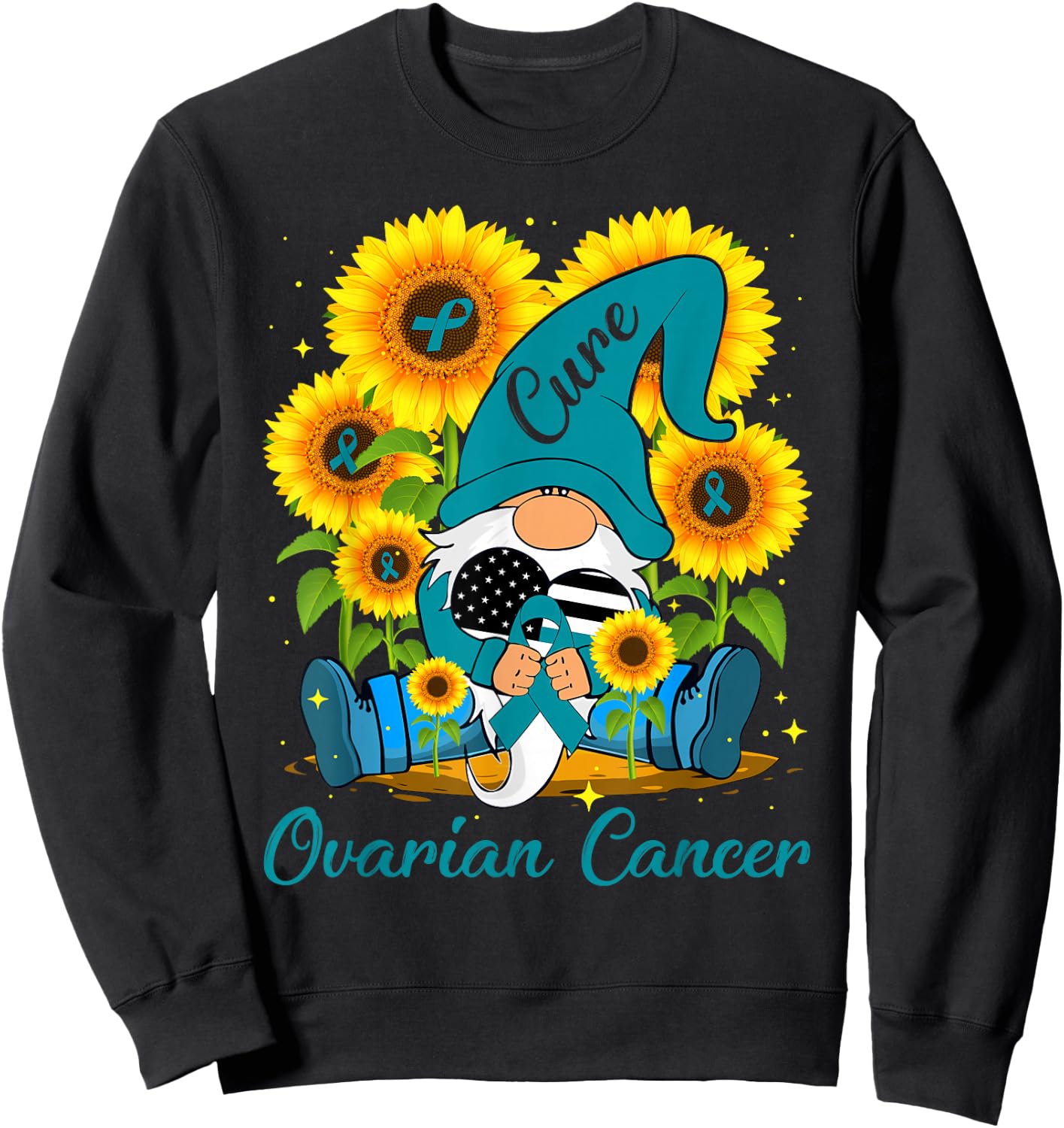 Cure Ovarian Cancer Awareness Day Fighter Gnome Teal Ribbon Sweatshirt - Sweatshirt | Black